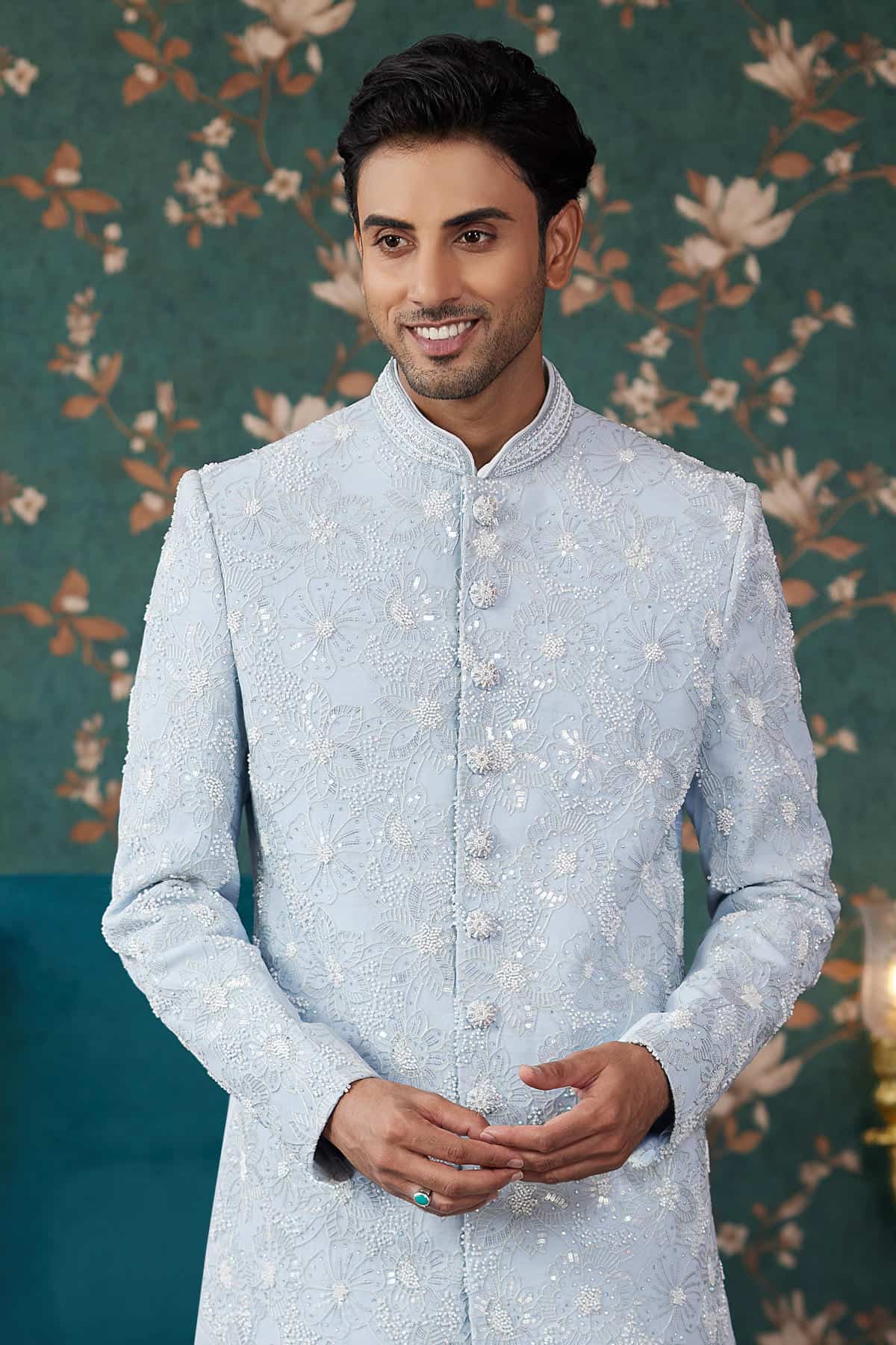 Sky Blue Colour Art Silk Thread Work Sherwani