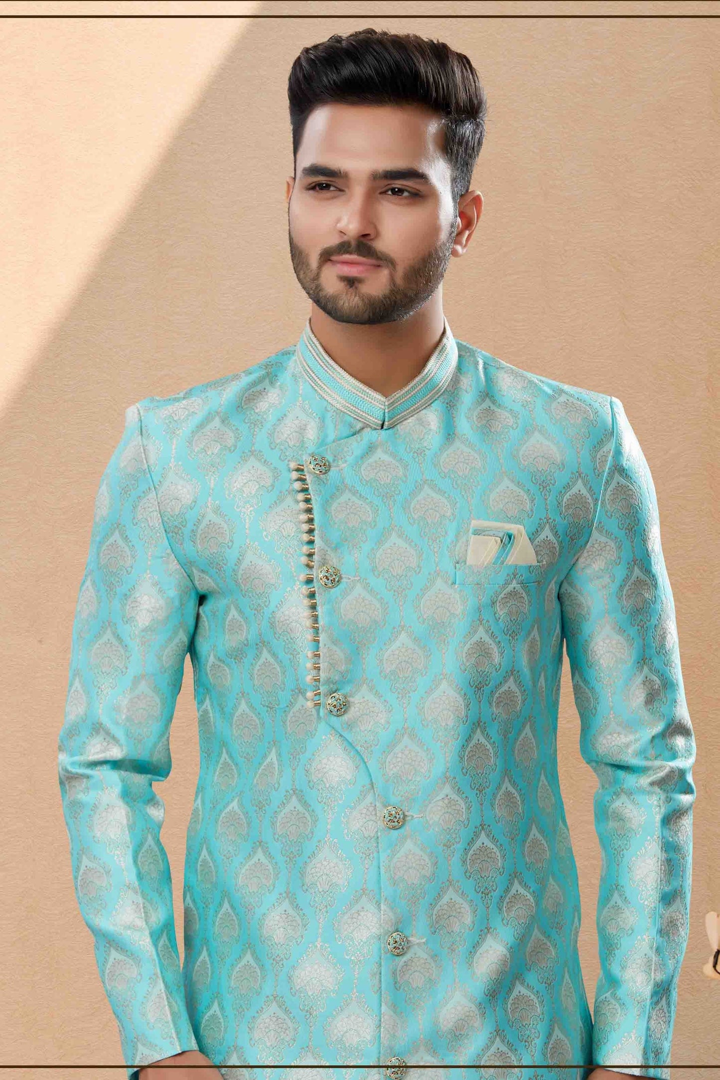 Sky Blue Colour Dhoti Sherwani In Banarasi Jacquard Fabric SH1040400 A