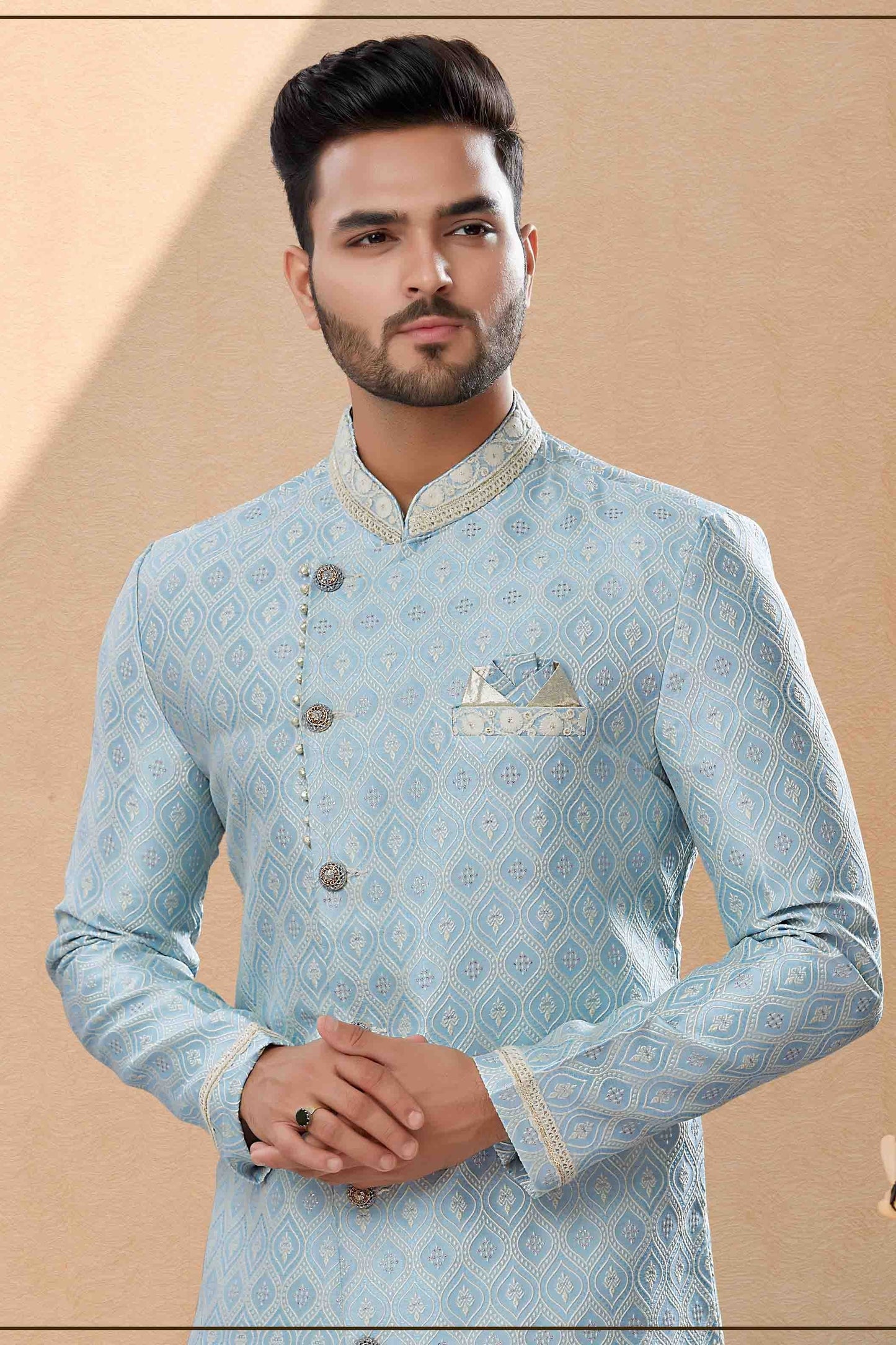 Sky Blue Colour Dhoti Sherwani In Banarasi Jacquard Fabric SH1040432 A