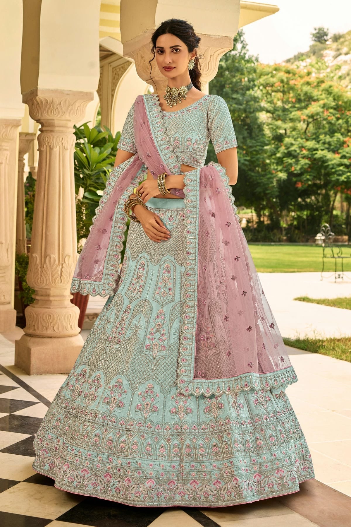 Sky Blue Colour Embroidery Organza Lehenga Choli LD1080819 A