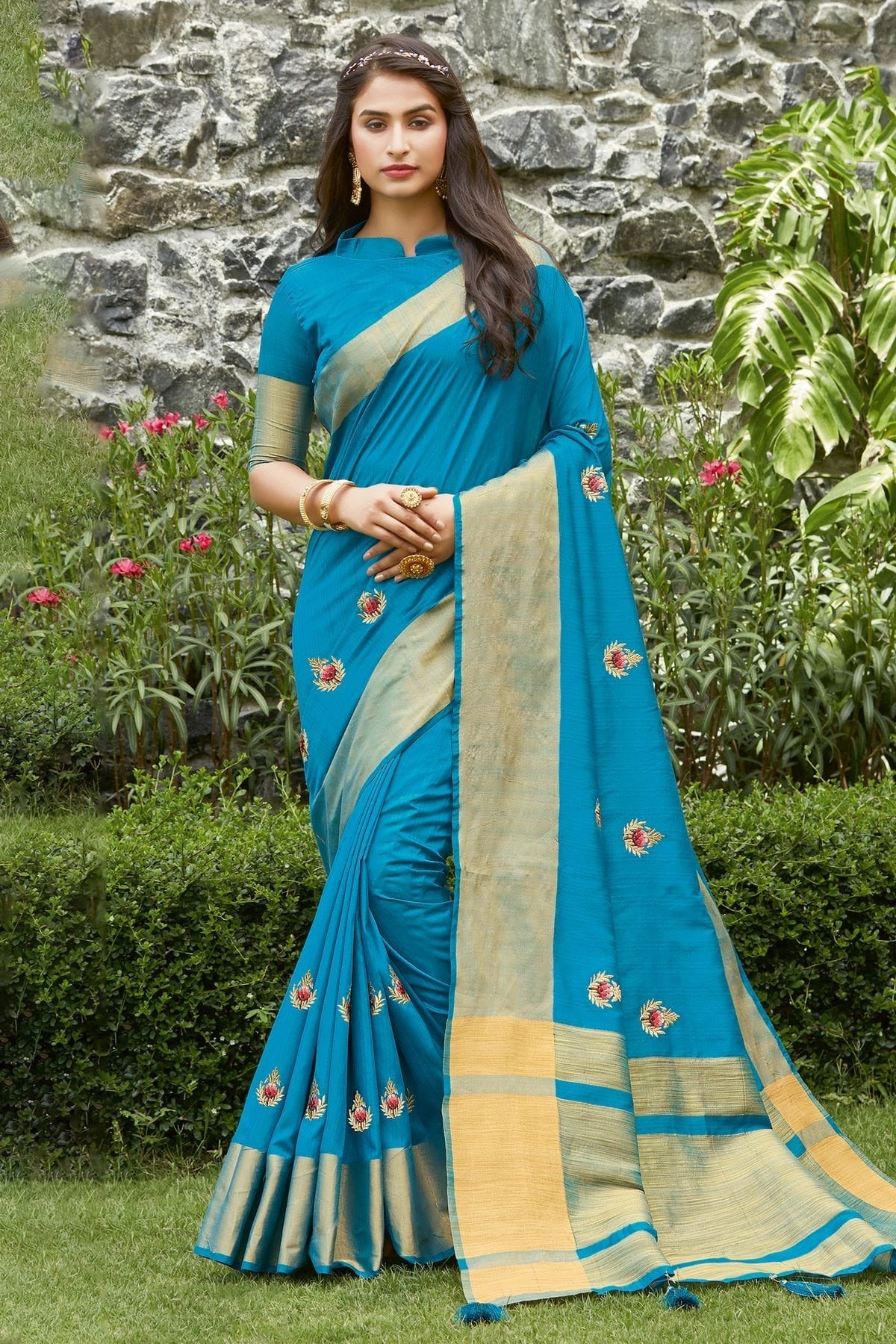 Sky Blue Colour Embroidery Work Handloom Silk Saree SD1101264