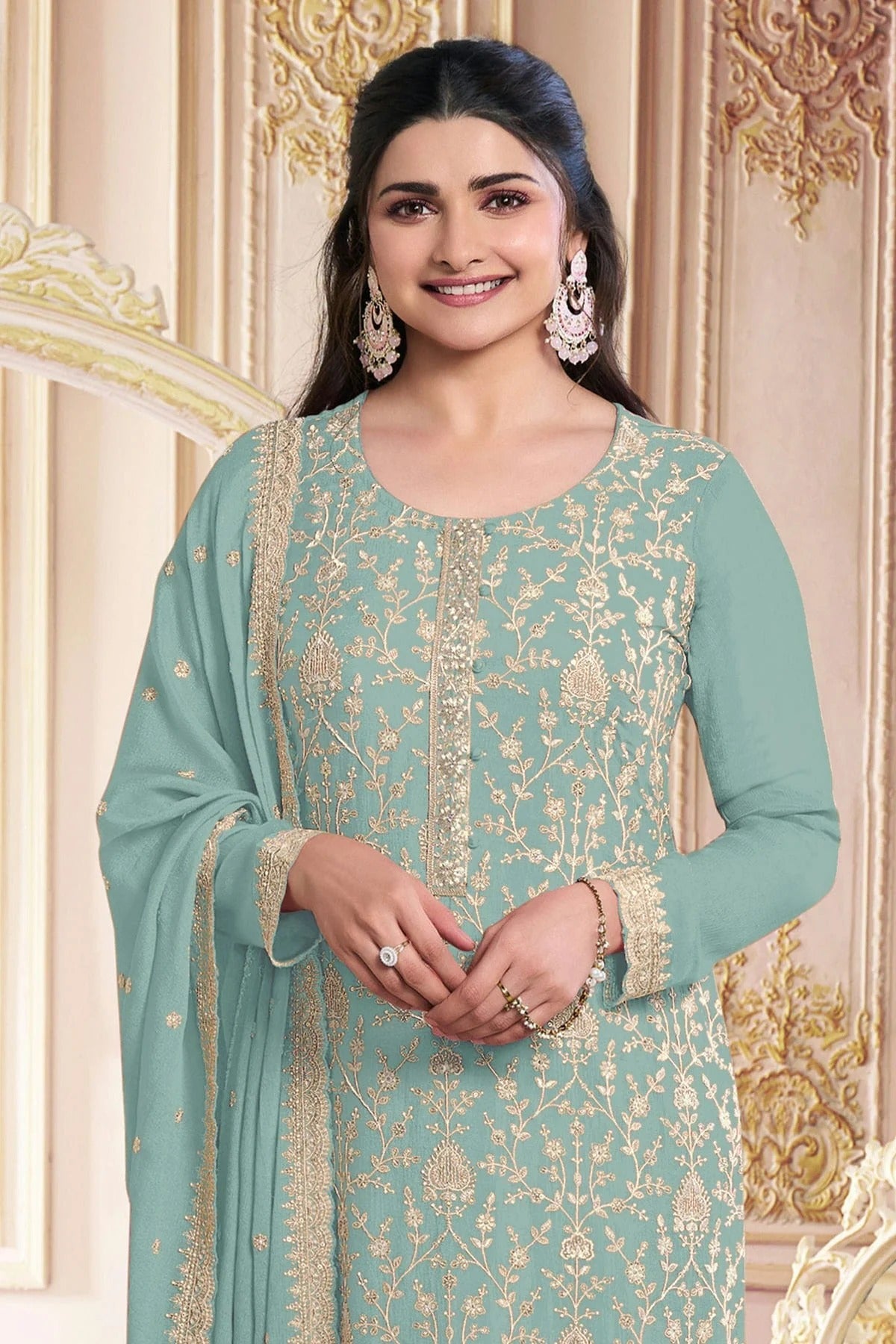 Sky Blue Colour Faux Georgette Semi Stitched Pant Style Suit SM1140493 A