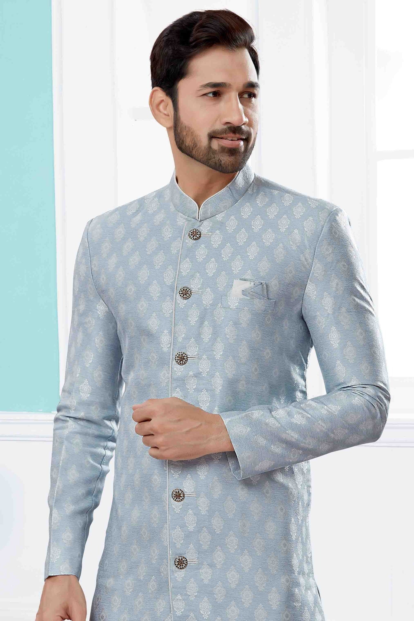 Sky Blue Colour Indo Western In Banarasi Jacquard Fabric SH1040447 A