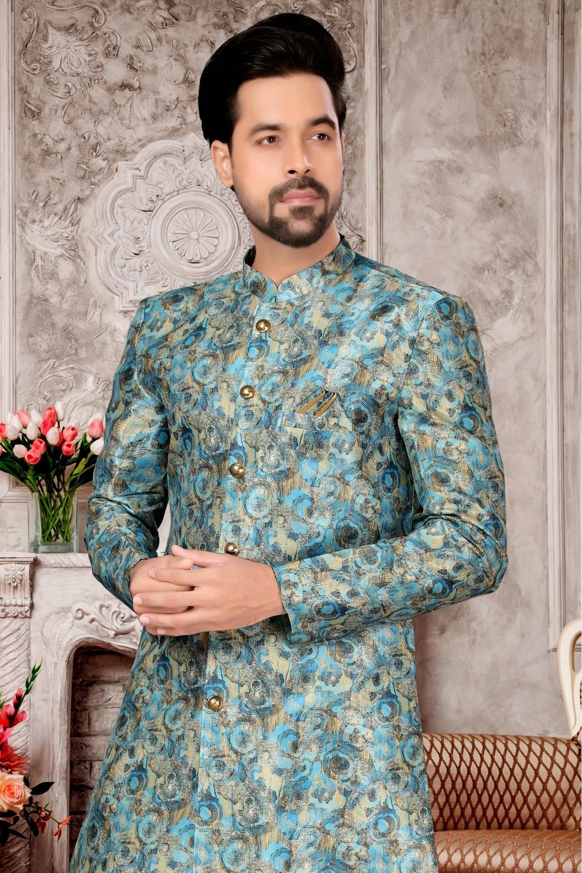 Sky Blue Colour Jacquard Dhoti Sherwani SH1040281 A