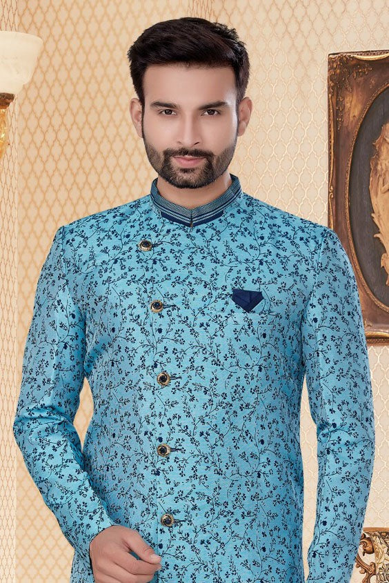 Sky Blue Colour Jacquard Sherwani SH1040269 A
