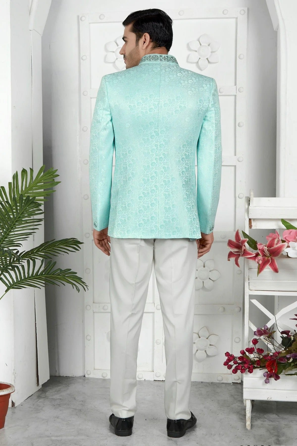 Sky Blue Colour Jacquard Silk Jodhpuri Jacket JP1230105 B