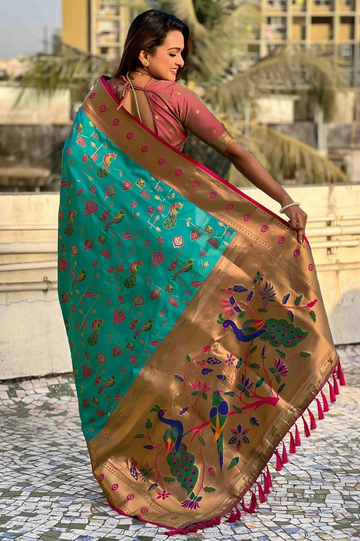 Sky Blue Colour Meenakari Work Soft Silk Paithani Sarees SD1113369 A