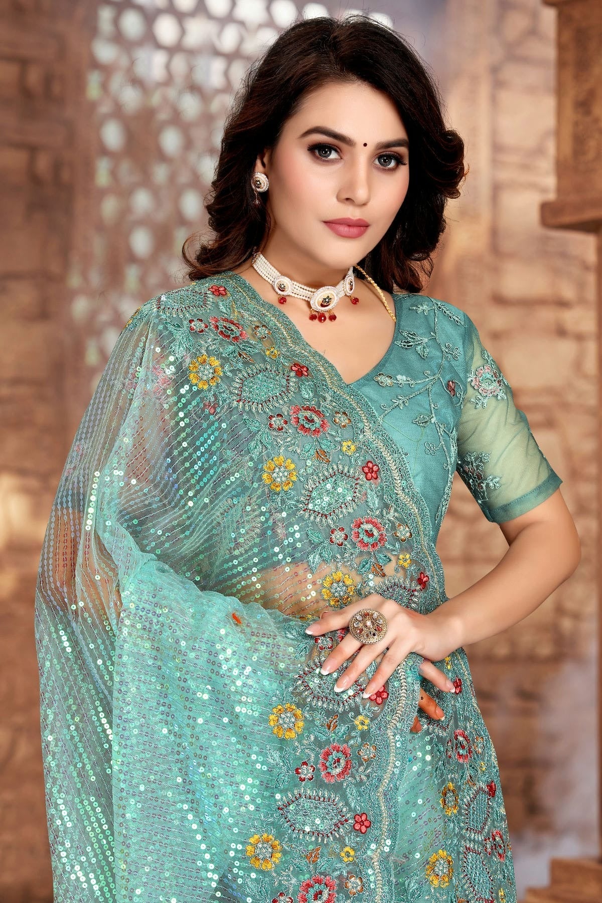 Sky Blue Colour Net Designer Saree LC1121330 A