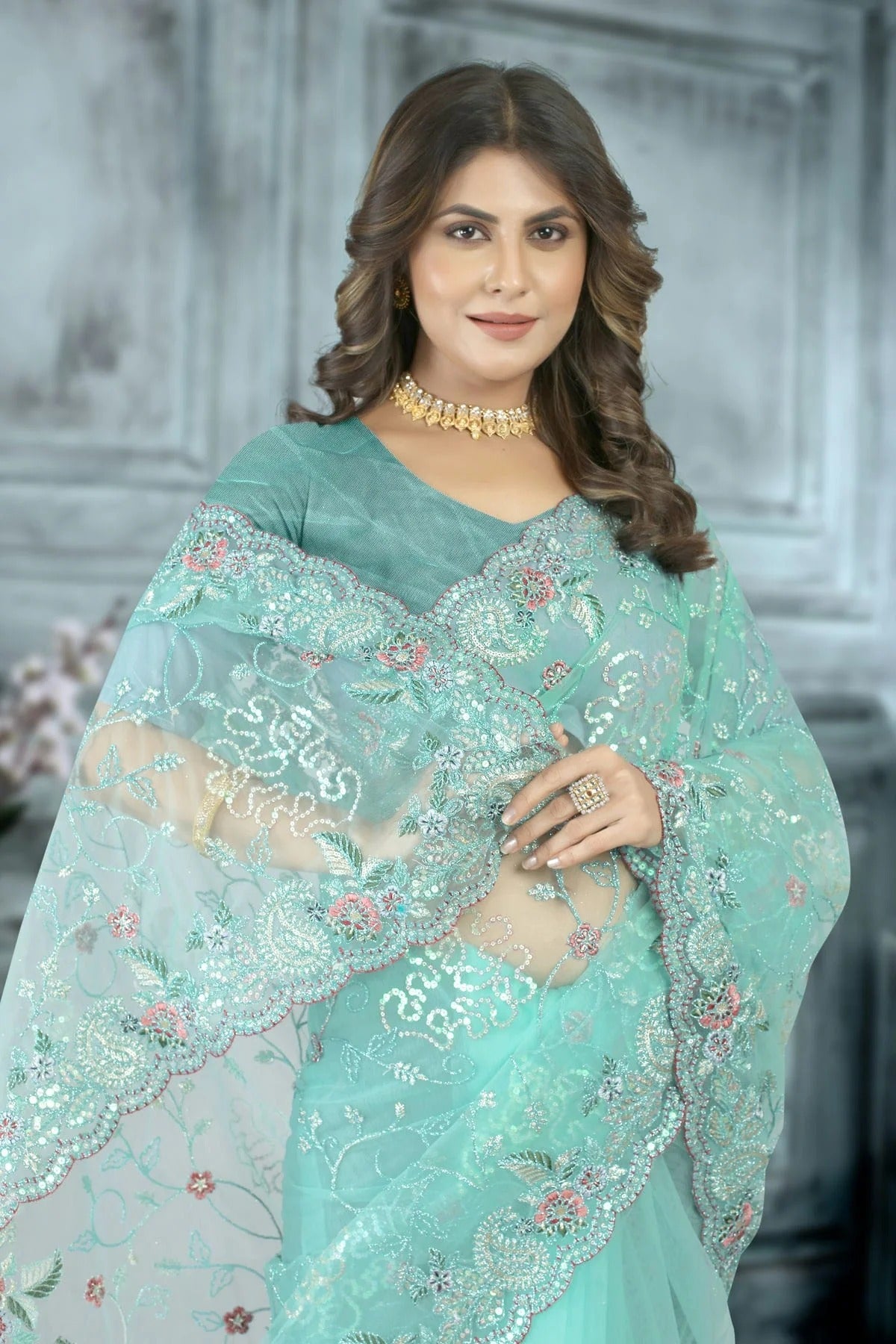 Sky Blue Colour Net Designer Saree LC1121411 A