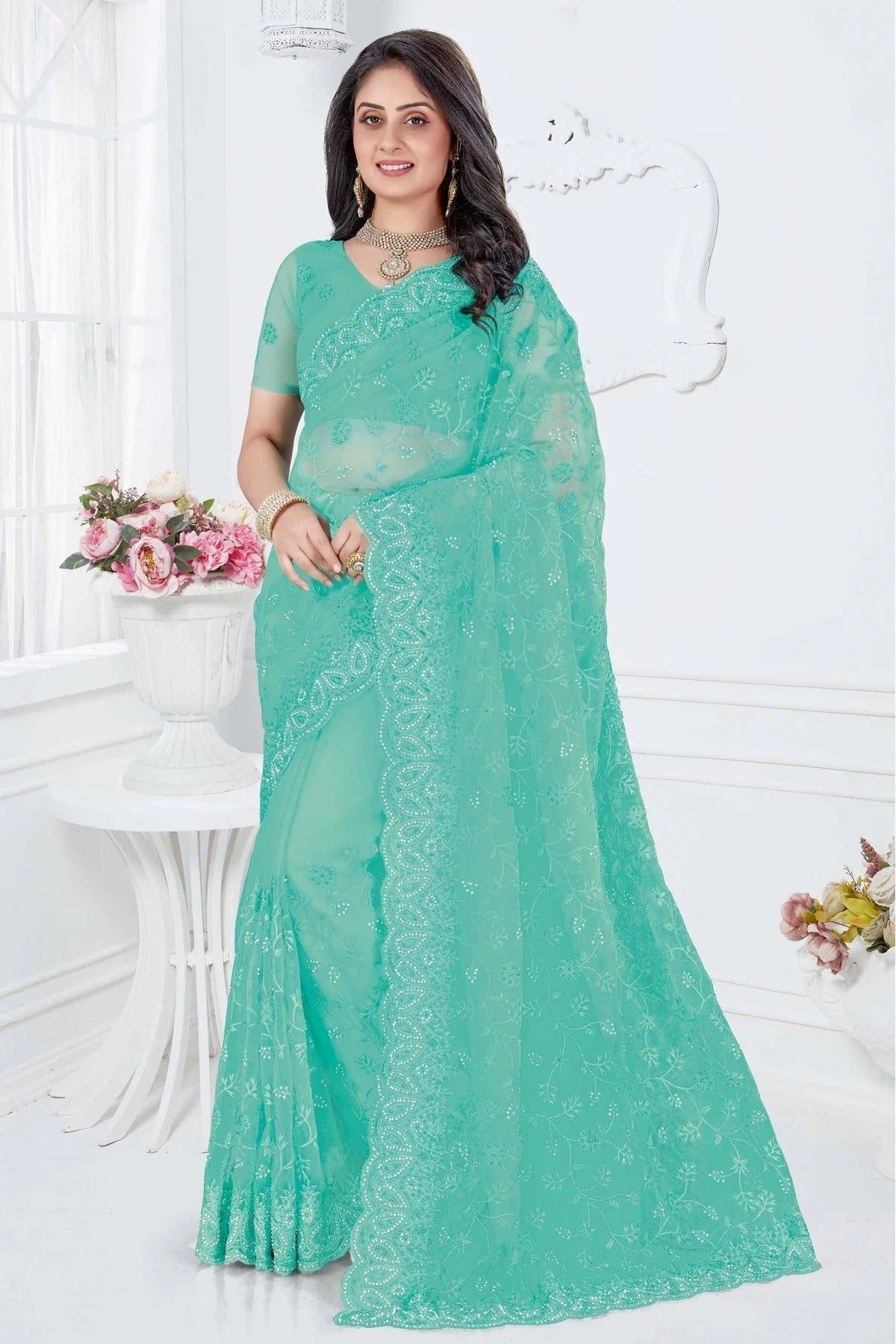 Sky Blue Colour Net Designer Saree SD1090346