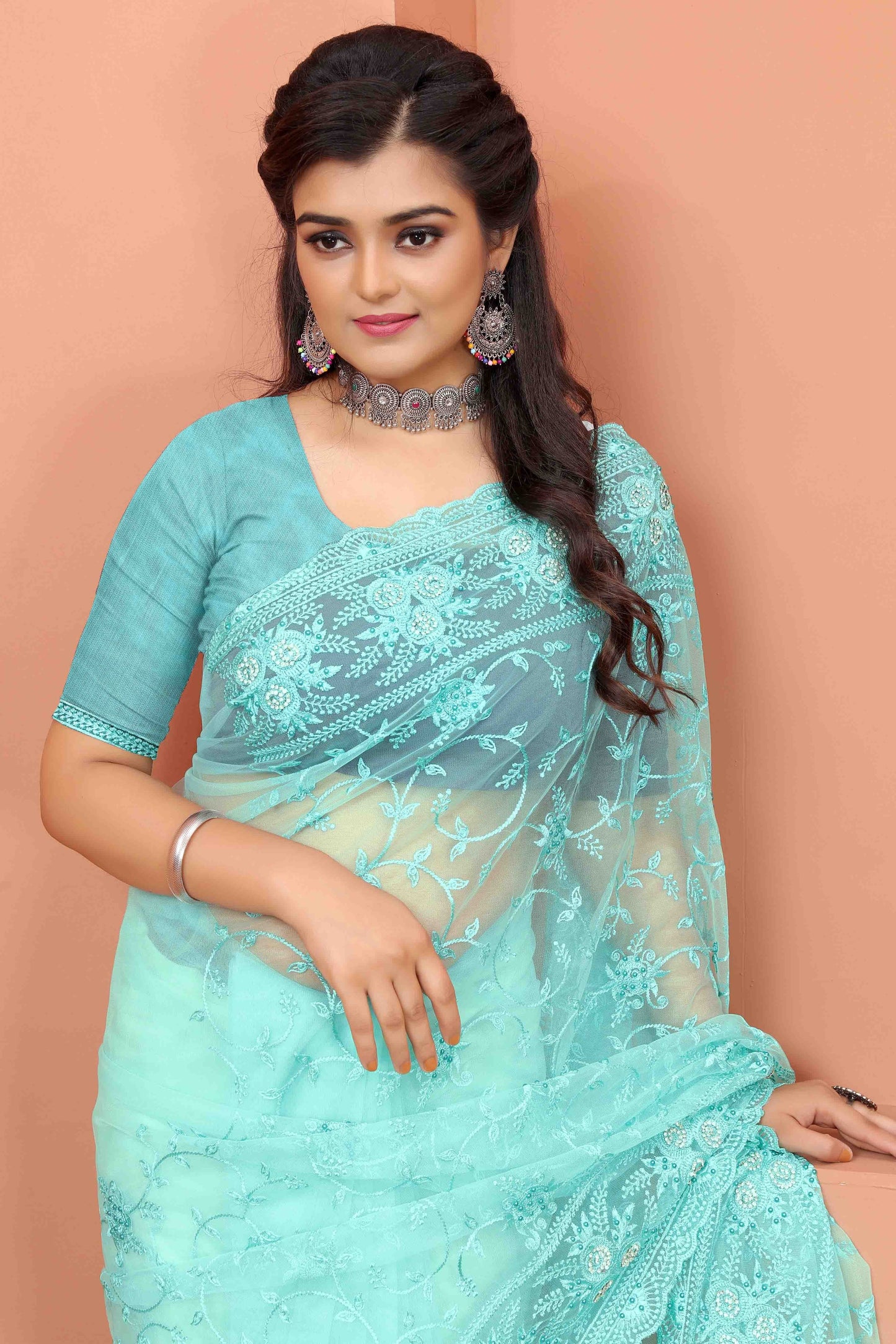 Sky Blue Colour Net Designer Saree SD1090515 A