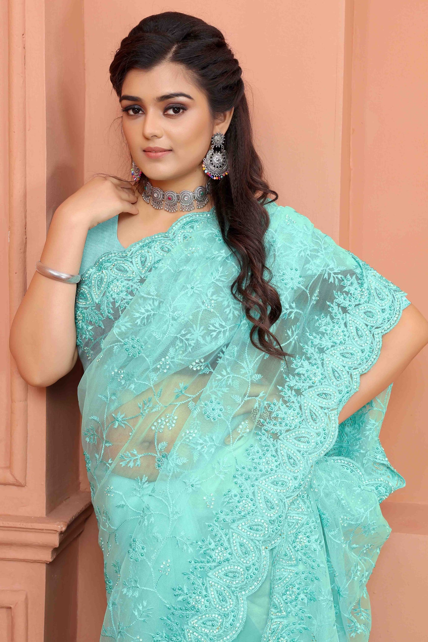 Sky Blue Colour Net Designer Saree SD1090520 A