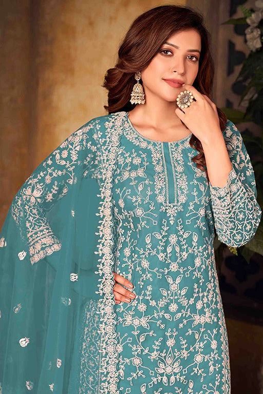 Sky Blue Colour Net Semi Stitched Palazzo Pant Suit SM1050325 A
