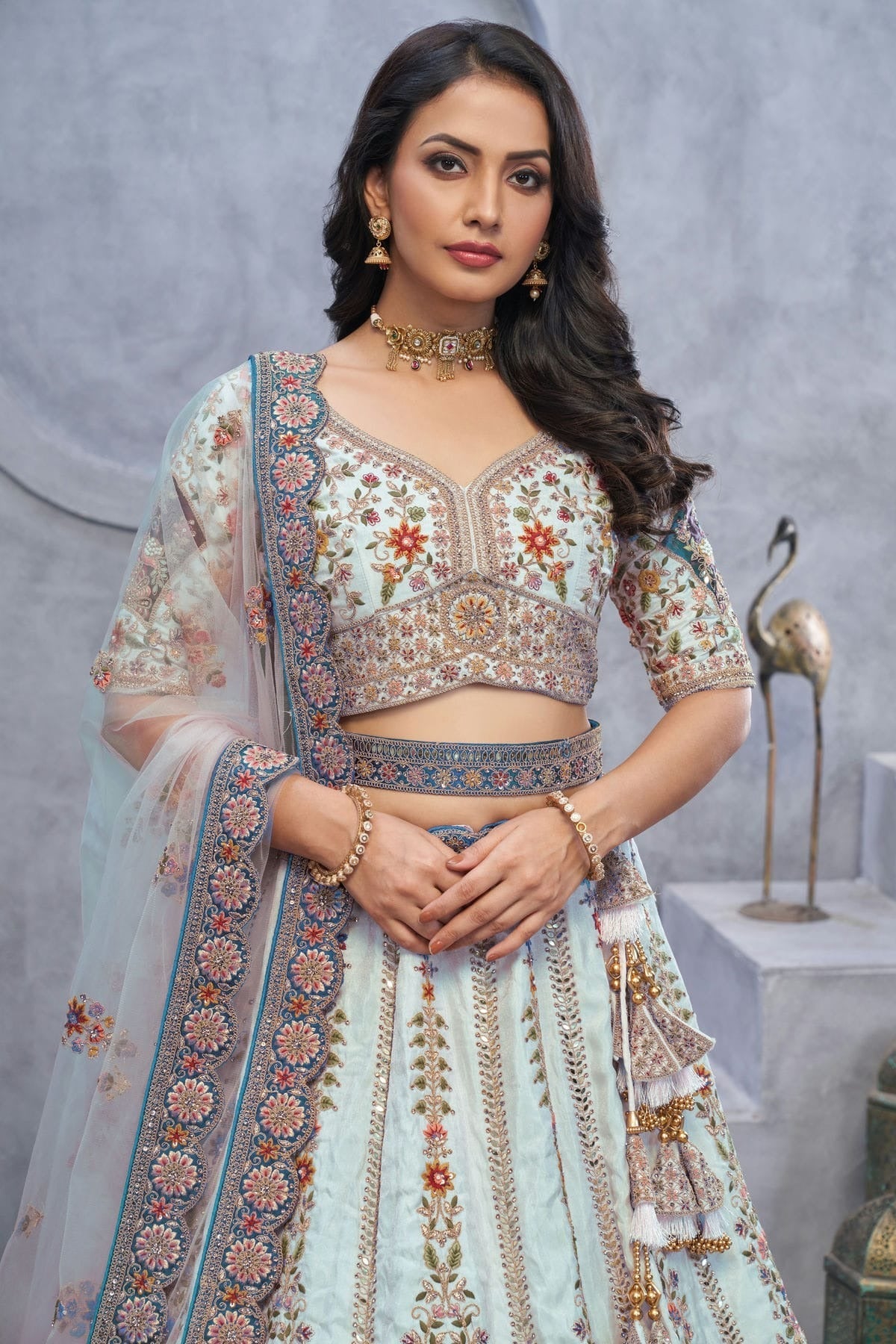 Sky Blue Colour Organza Embroidery Lehenga Choli LC1111374 B