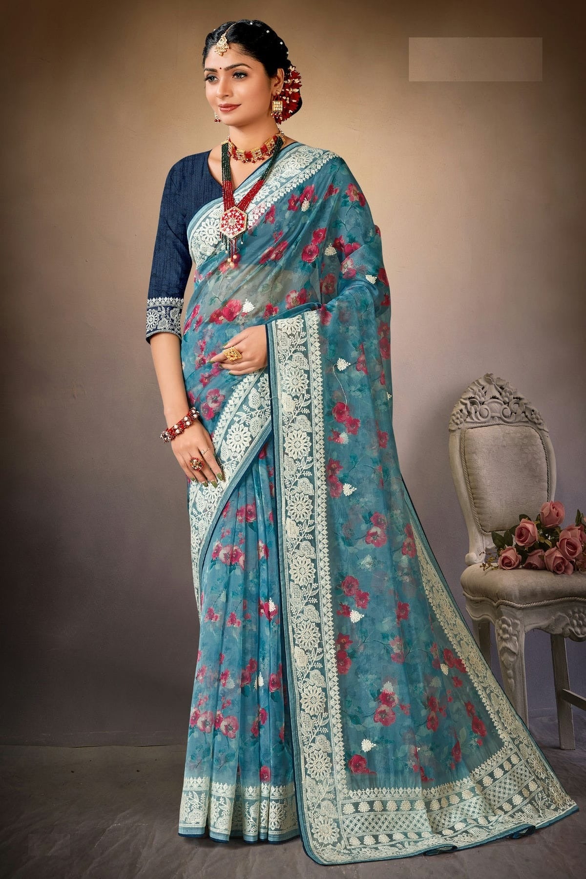 Sky Blue Colour Organza Printed Saree LC1121570