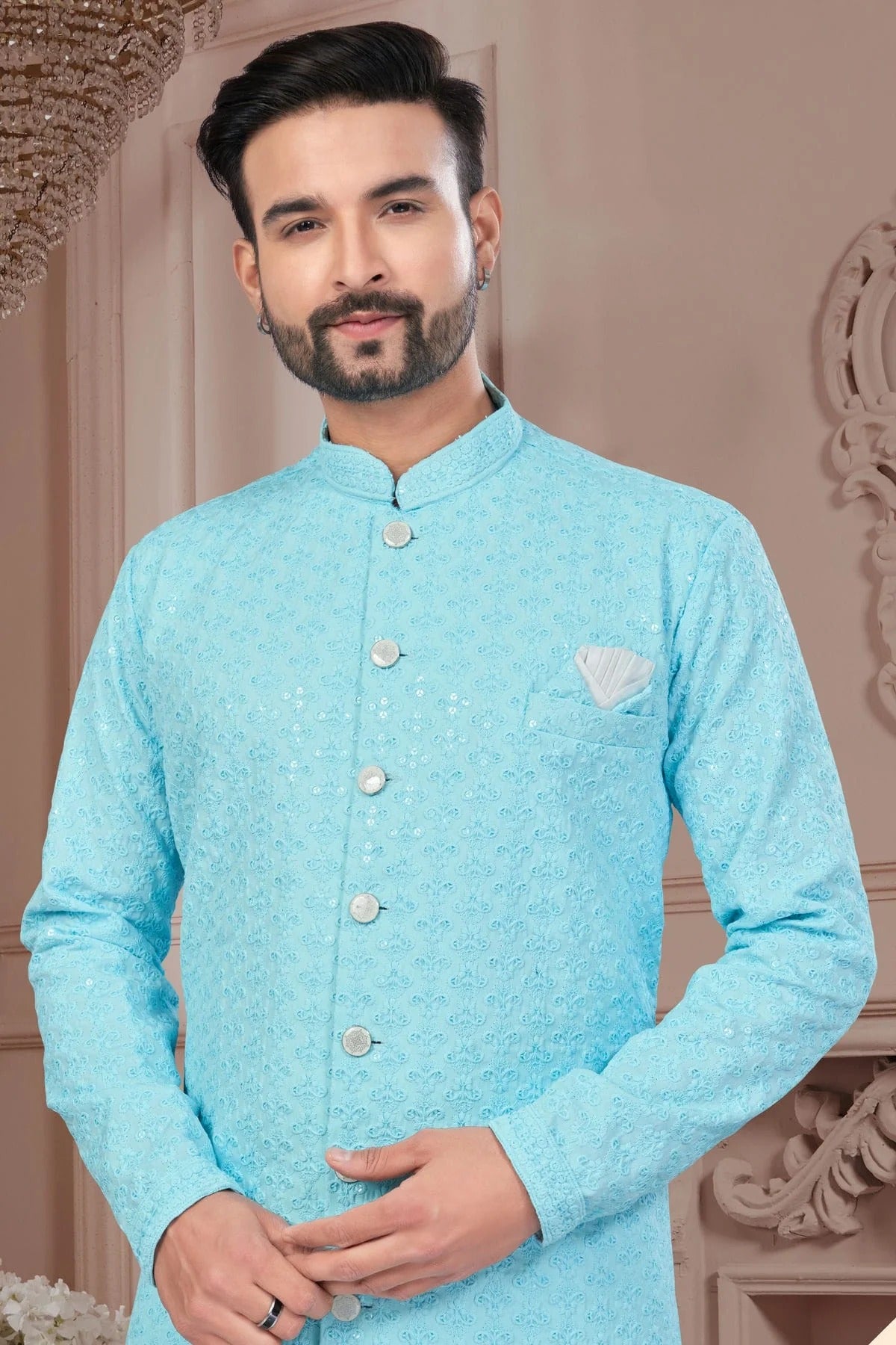 Sky Blue Colour Silk Dupion Sherwani SH1040606 A
