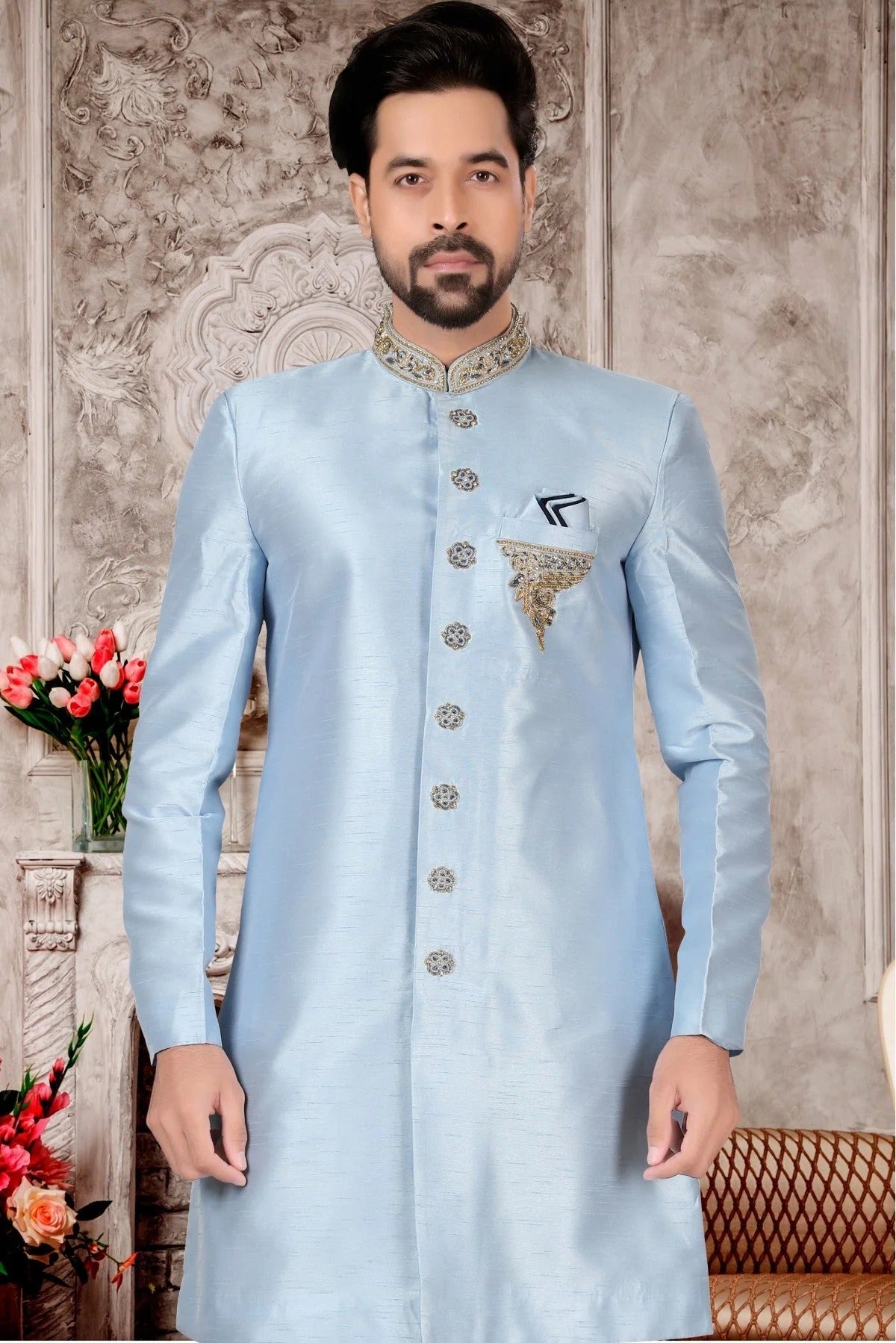 Sky Blue Colour Slub Silk Sherwani SH1040309 A