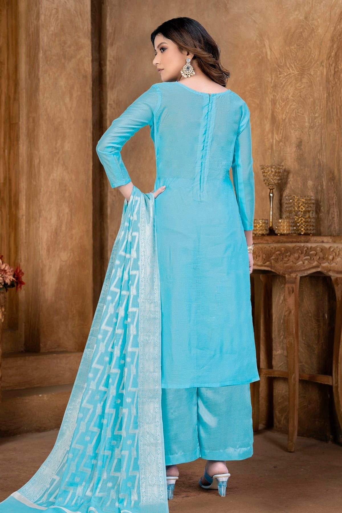 Sky Blue Colour Unstitched Banarasi Jacquard Palazoo Pant Suit US1161367 A