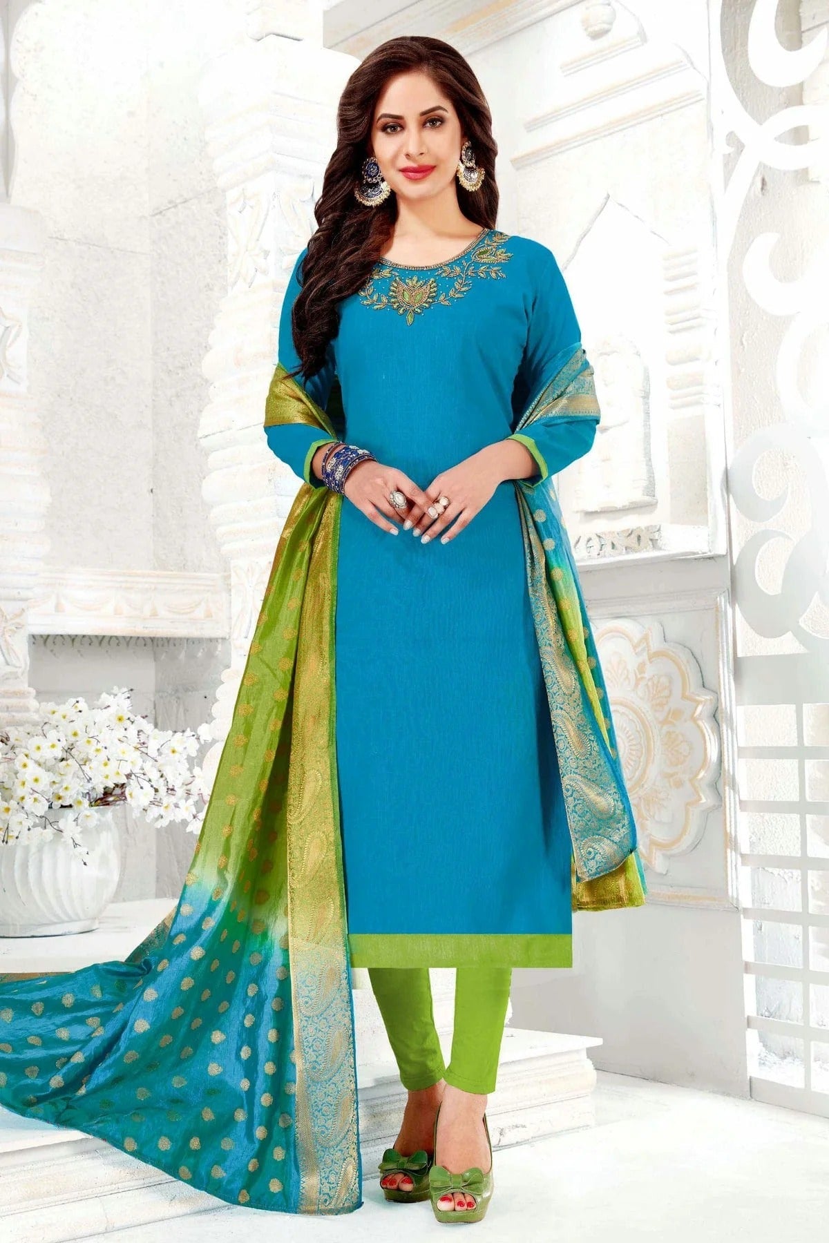 Sky Blue Colour Unstitched Cotton South Slub Straight Suit US1161096
