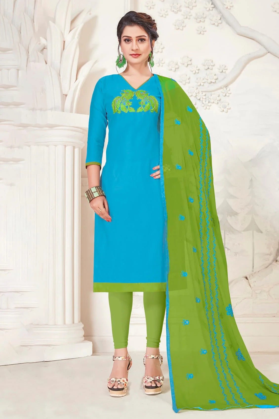 Sky Blue Colour Unstitched Modal Silk Churidar Suit US1161109
