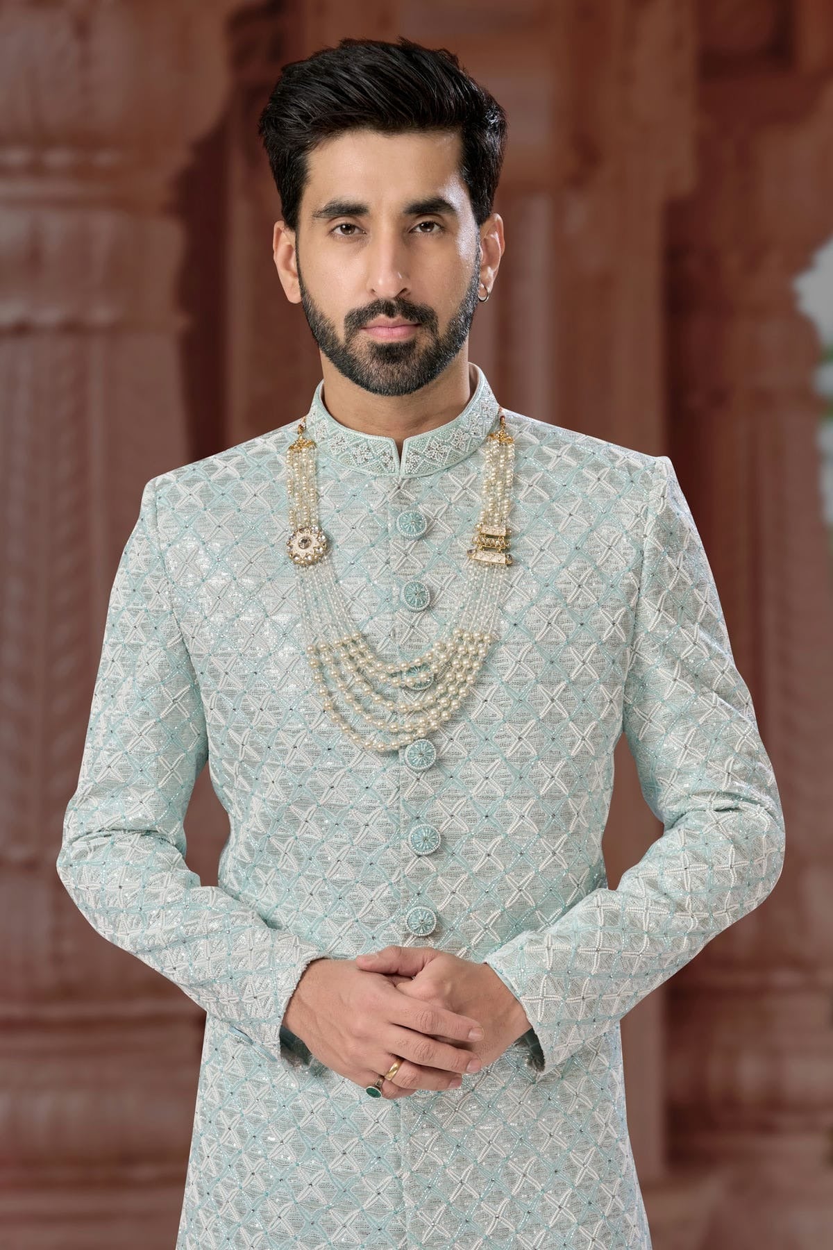 Slate Blue Colour Jacquard Sherwani SH1040577 A