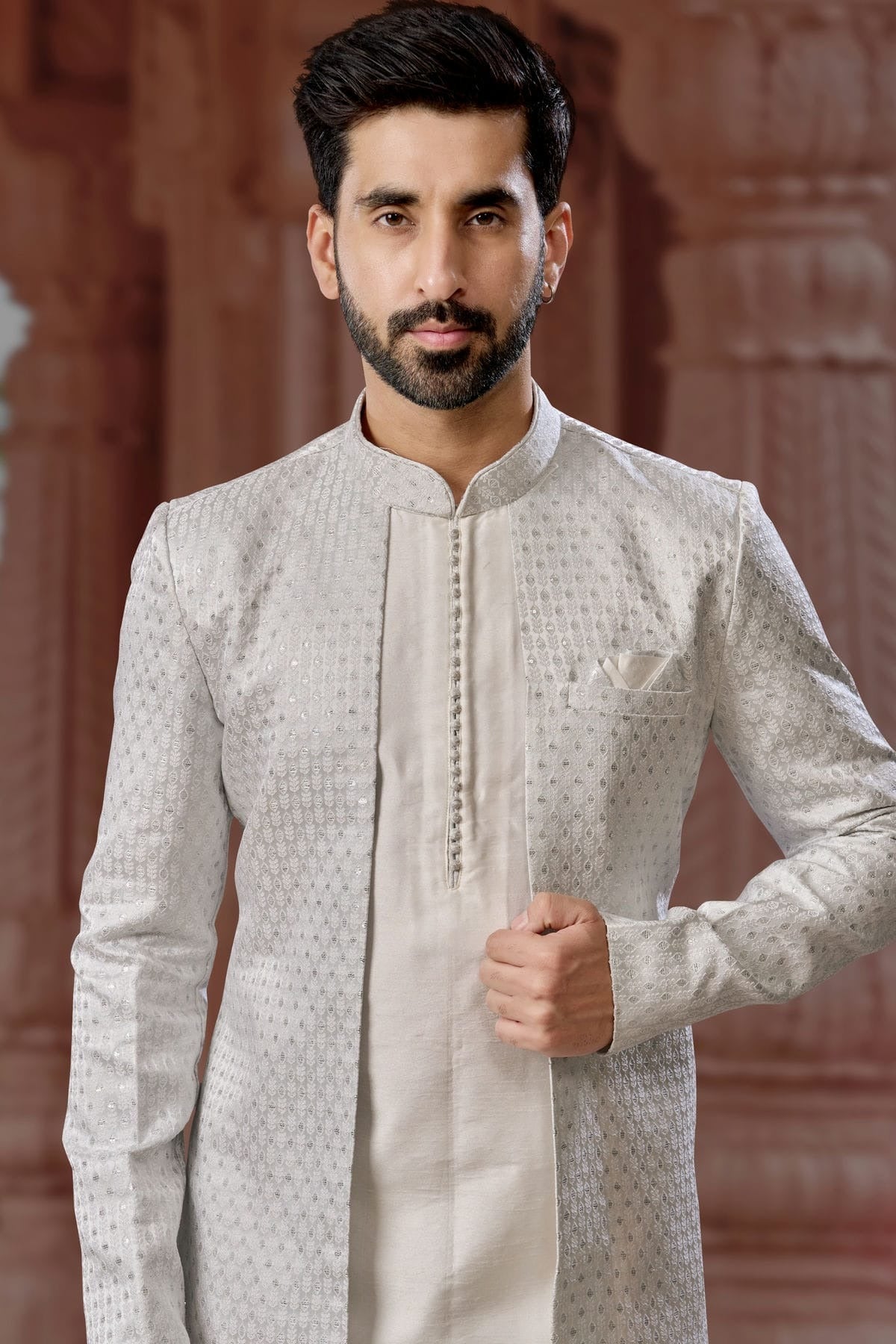 Slate Blue Colour Jacquard and Silk Dhupion Sherwani SH1040572 A