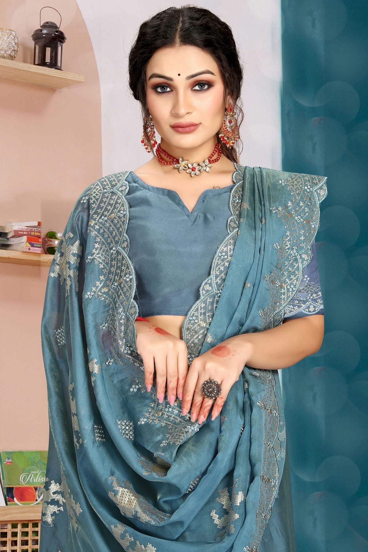 Slate Blue Colour Organza Silk Designer Saree LC1121339 A