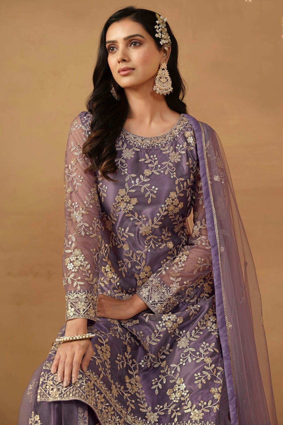 Slate Blue Colour Semi Stitched Net Sharara Suit SM1050459 A