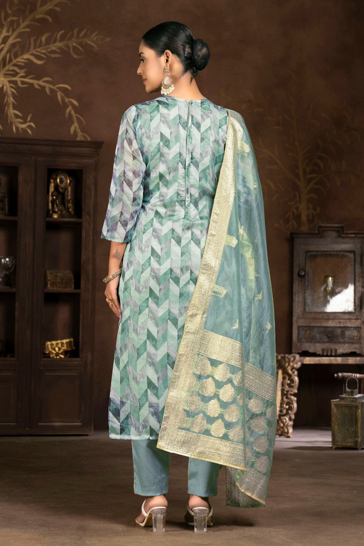 Slate Blue Colour Unstitched Organza Jacquard Pant Style Suit US1161330 A