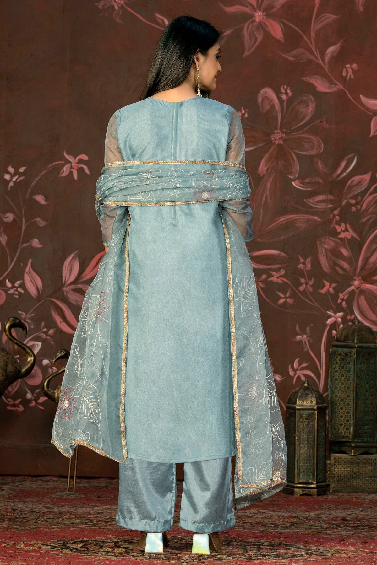 Slate Blue Colour Unstitched Organza Jacquard Straight Suit US1161323 A