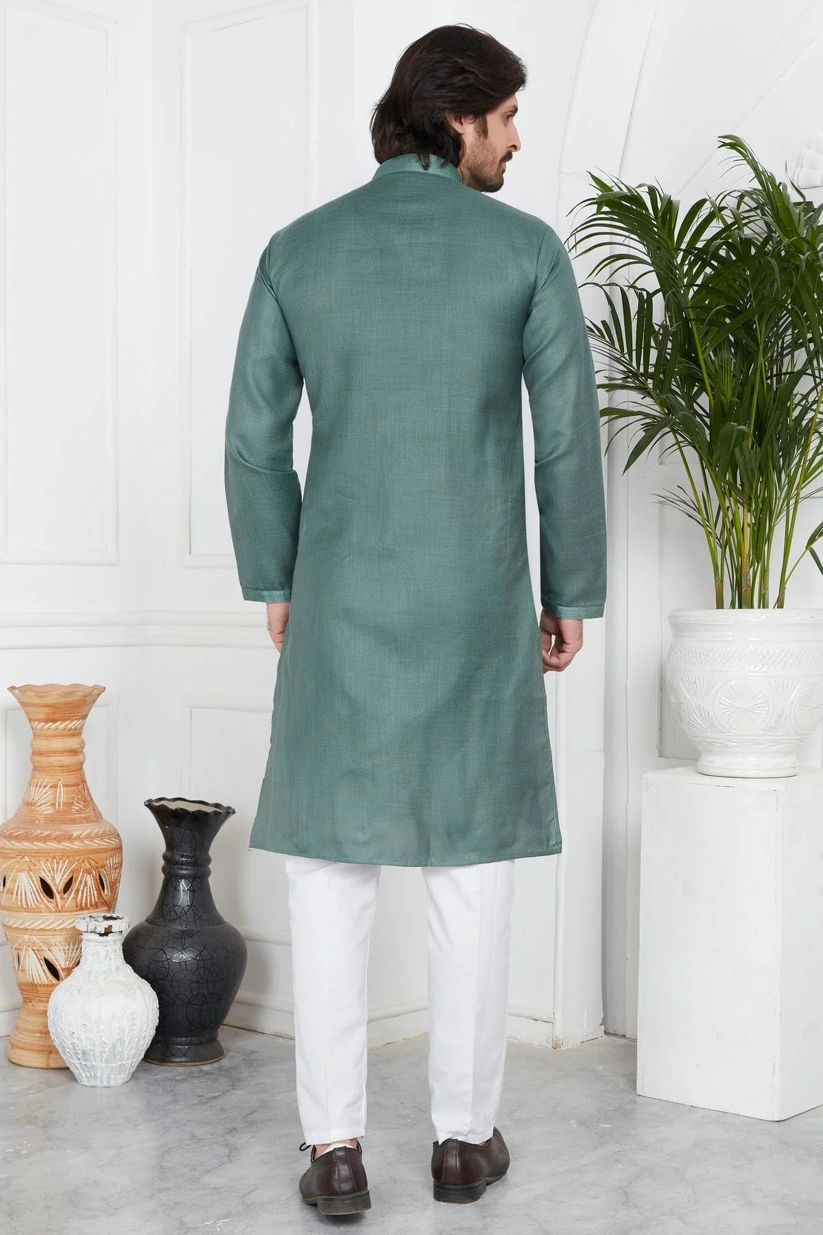 Slate Green Colour Linen Cotton Pintex Work Kurta Pajama KP1230127 B
