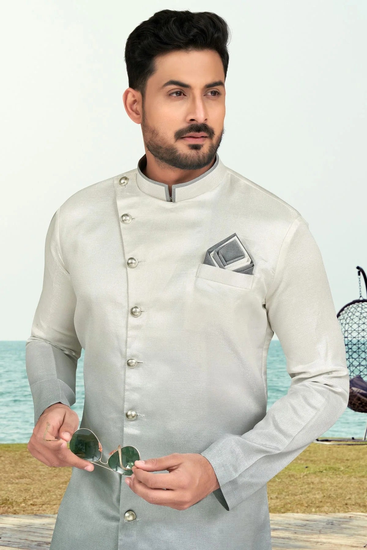 Slate Grey Colour Champion Silk Indo Western Sherwani SH1040499 A