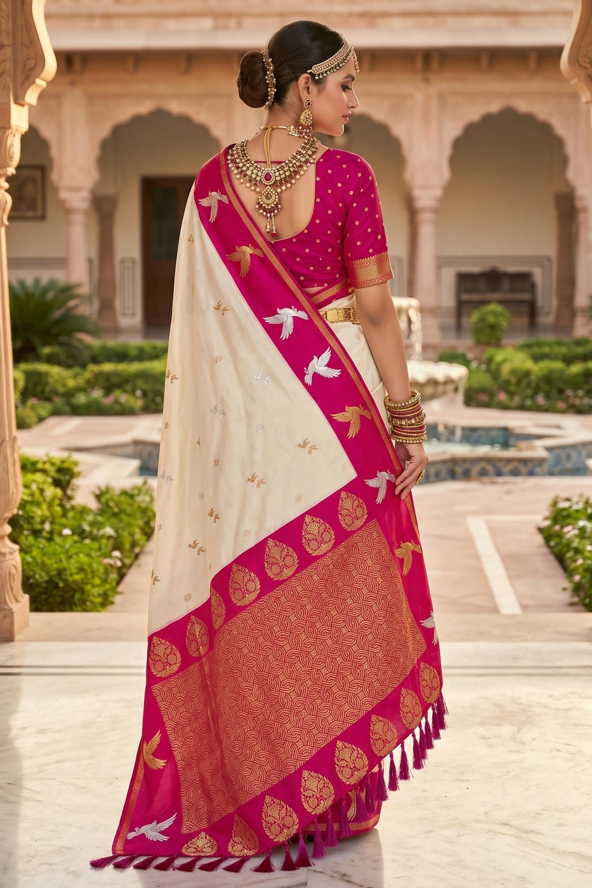 Soft Silk Woven Work Traditional Sarees In Cream Colour