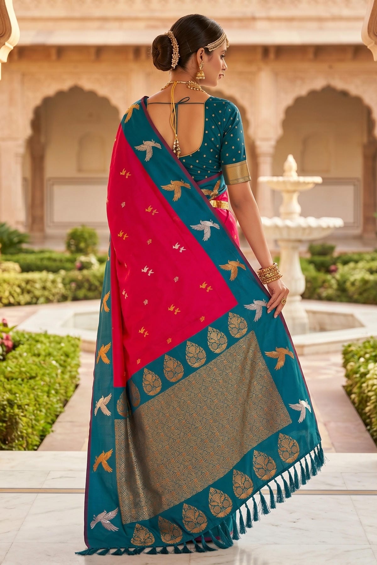 Soft Silk Woven Work Traditional Sarees In Pink Colour