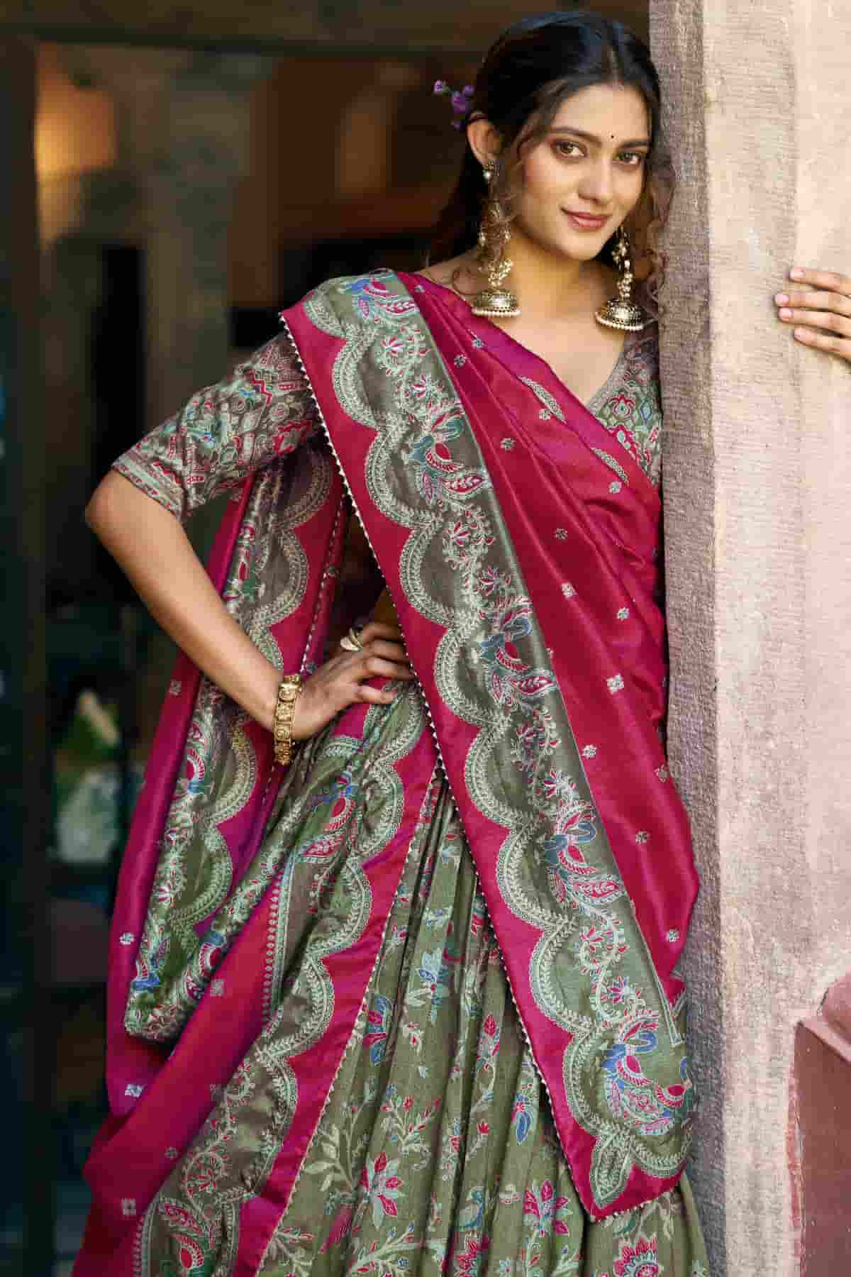 Tasar Silk Motif Foil Print Lehenga Choli In Green Colour