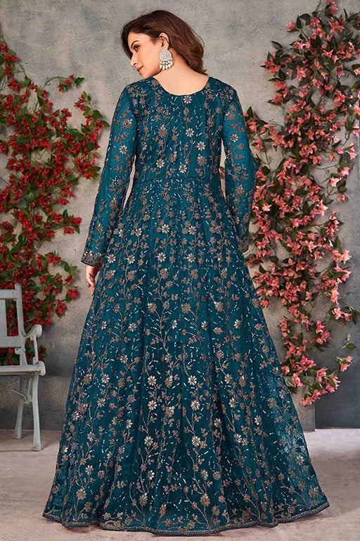 Teal Blue Colour Net Semi Stitched Pant Style Suit SM1050324 B