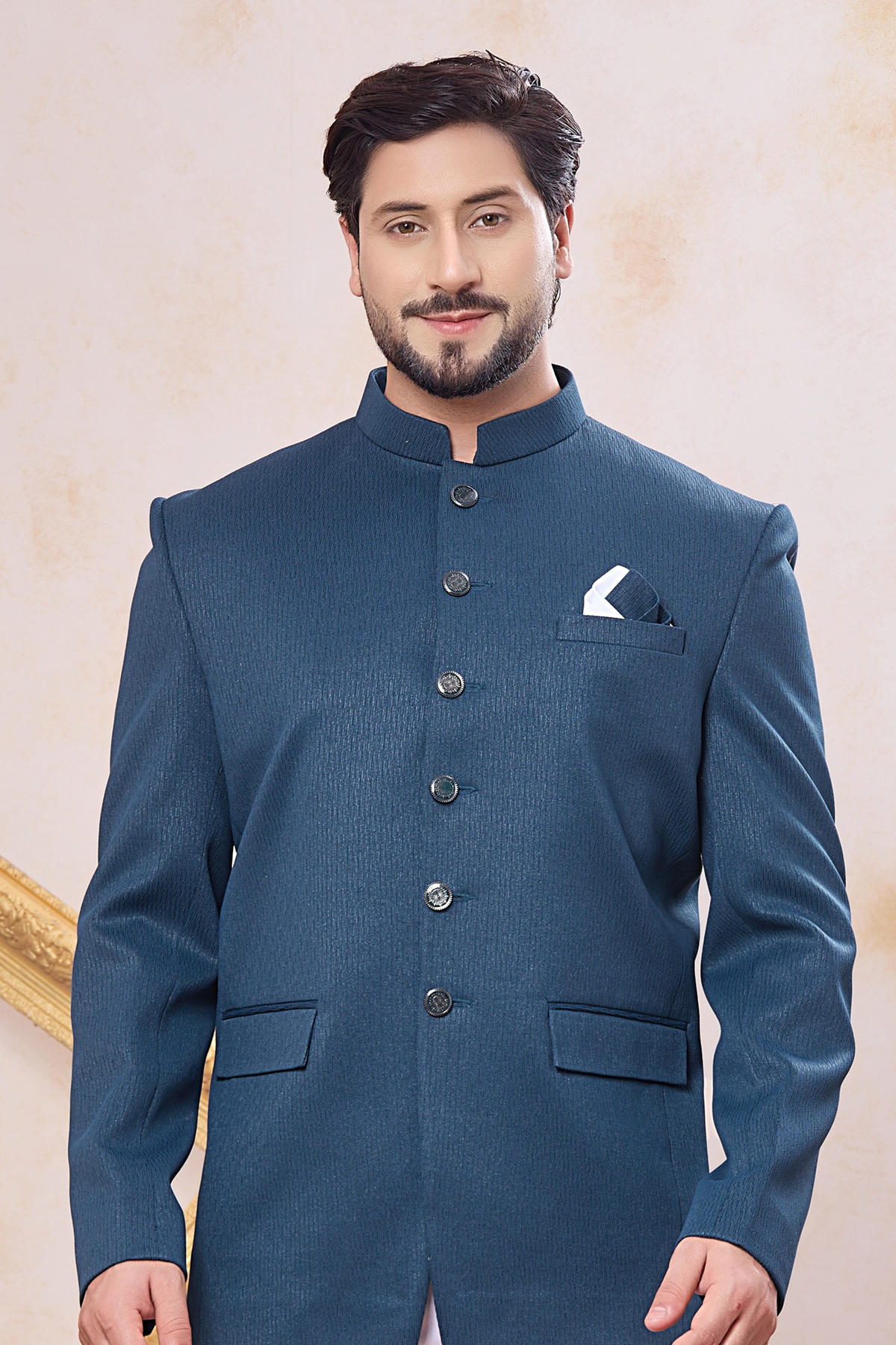 Teal Blue Colour Thread Work Embroidery Imported Fabric Jodhpuri