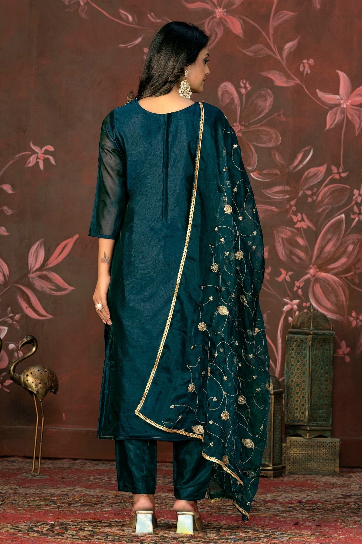 Teal Blue Colour Unstitched Organza Jacquard Straight Suit US1161302 A