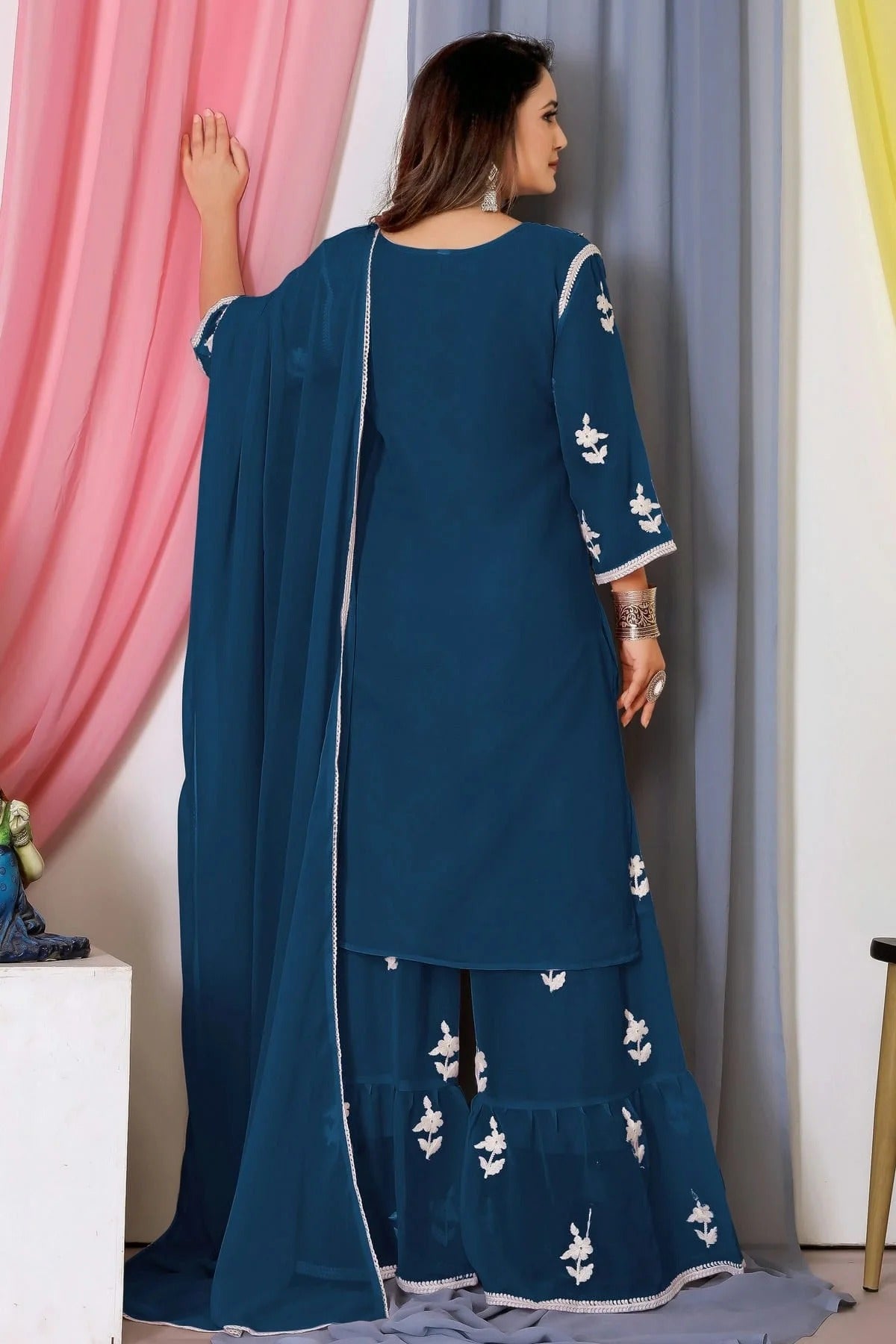 Teal Colour Bamber Georgette Sharara Suit SM1110574 A