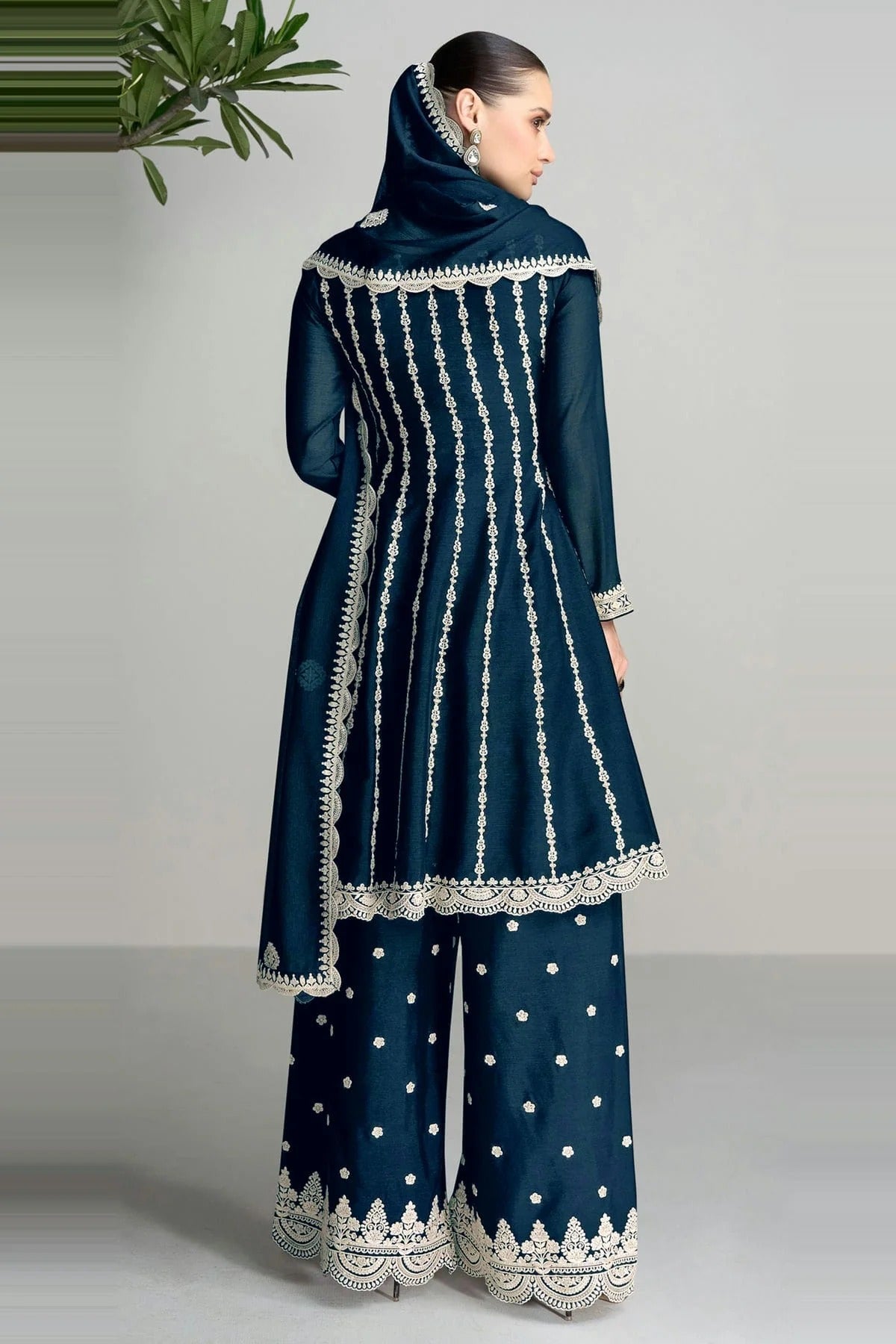 Teal Colour Blomming Chinon Palazzo Pant Suit SM1140065 A
