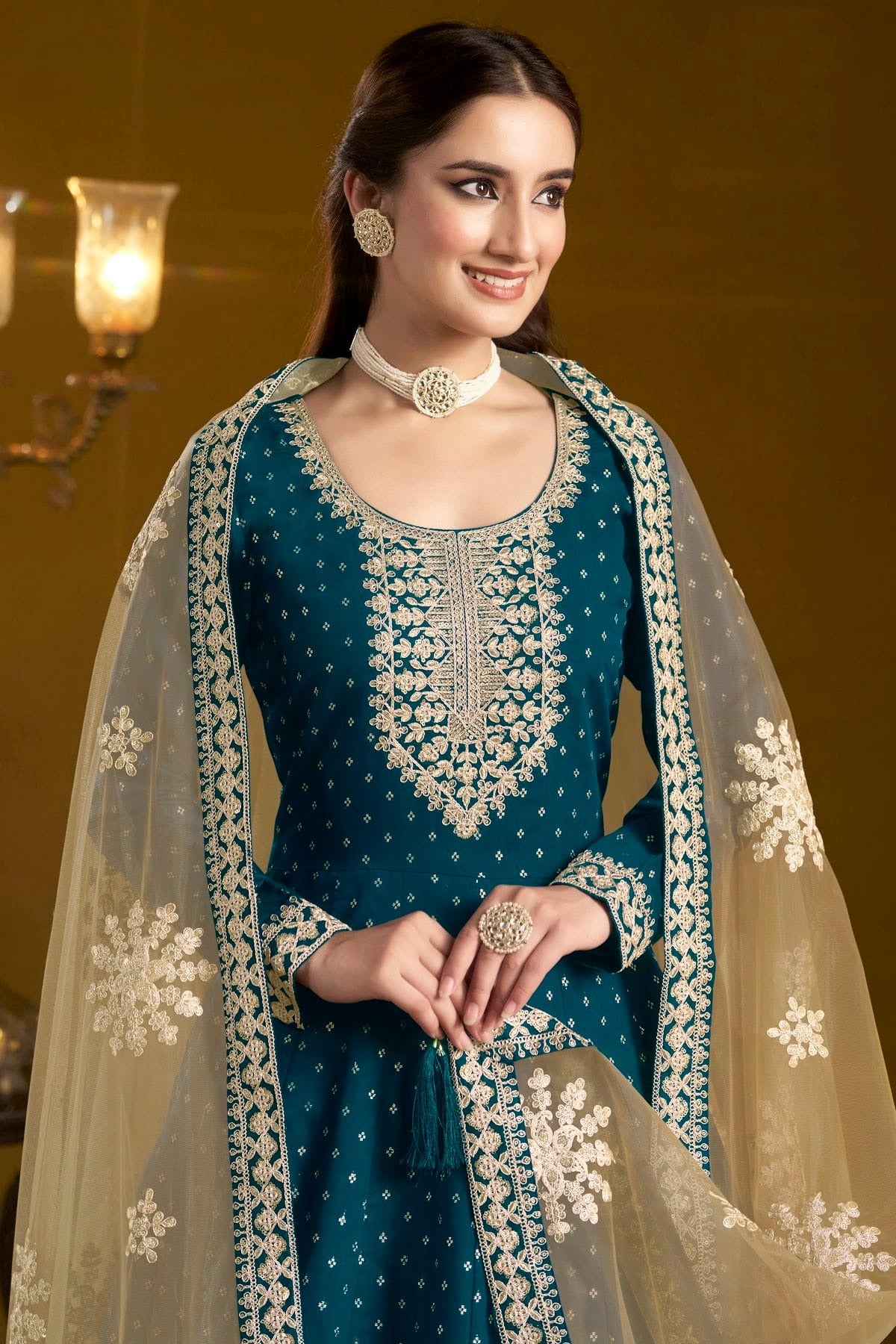 Teal Colour Chanderi Butti Semi Stitched Anarkali Suit SM1050651 B