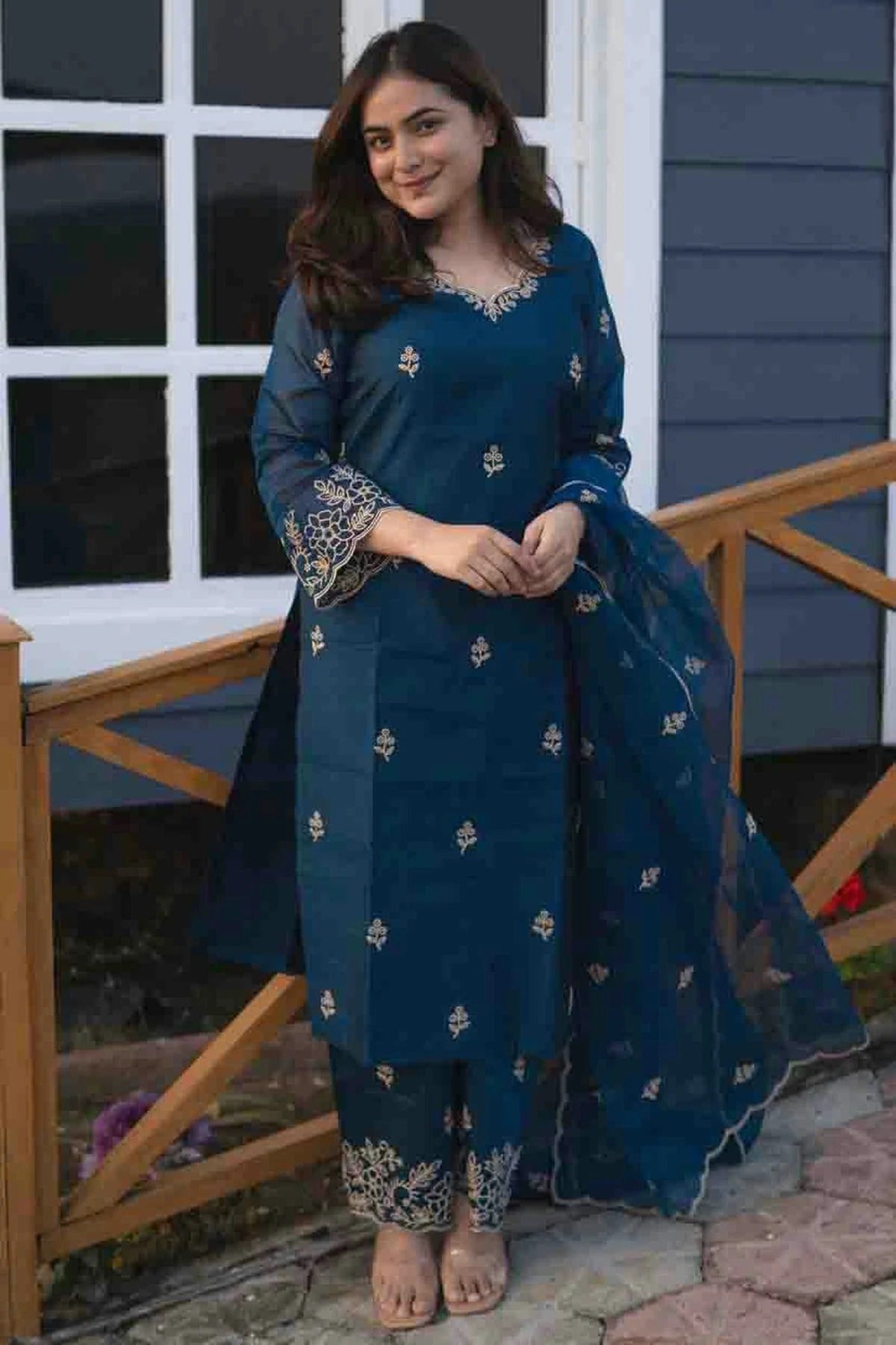 Teal Colour Embroidery Viscose Silk Pant Style Suit SS1113489 A