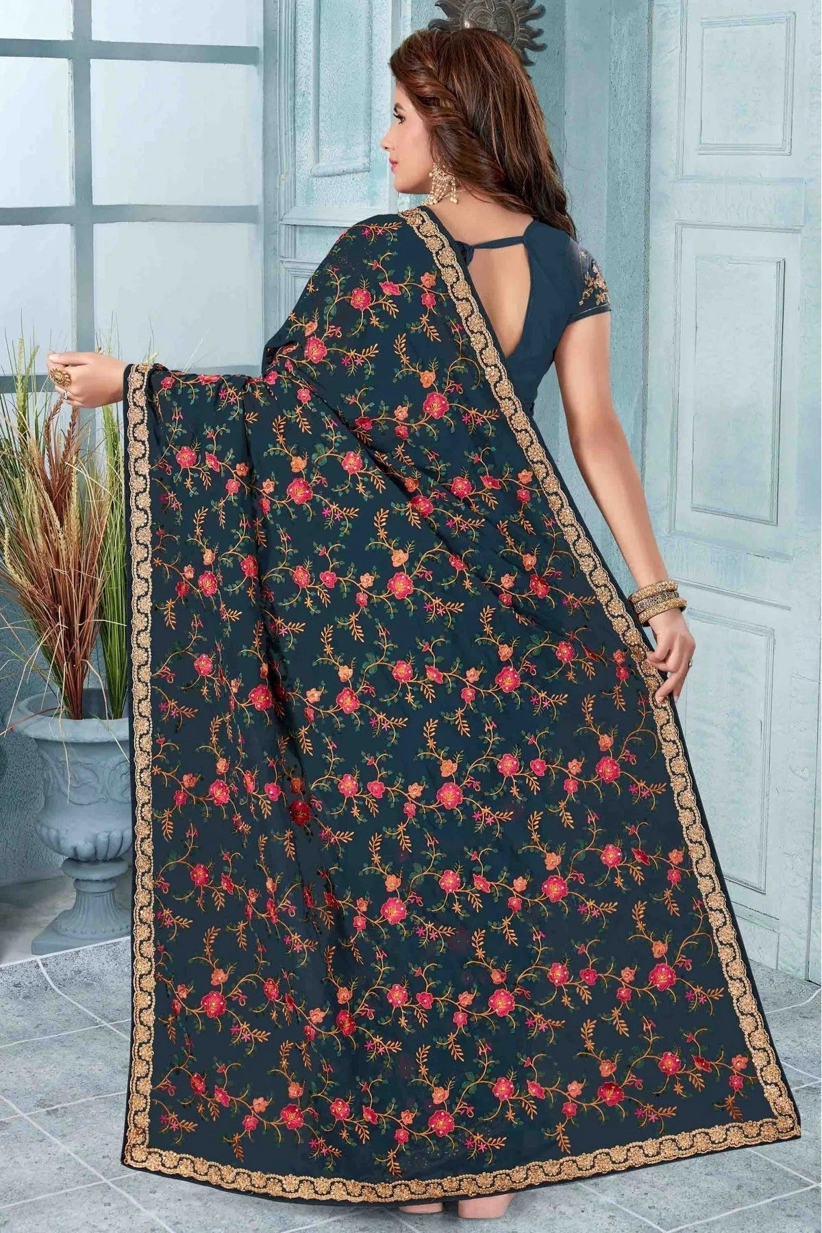 Teal Colour Georgette Designer Saree SD1120513 A