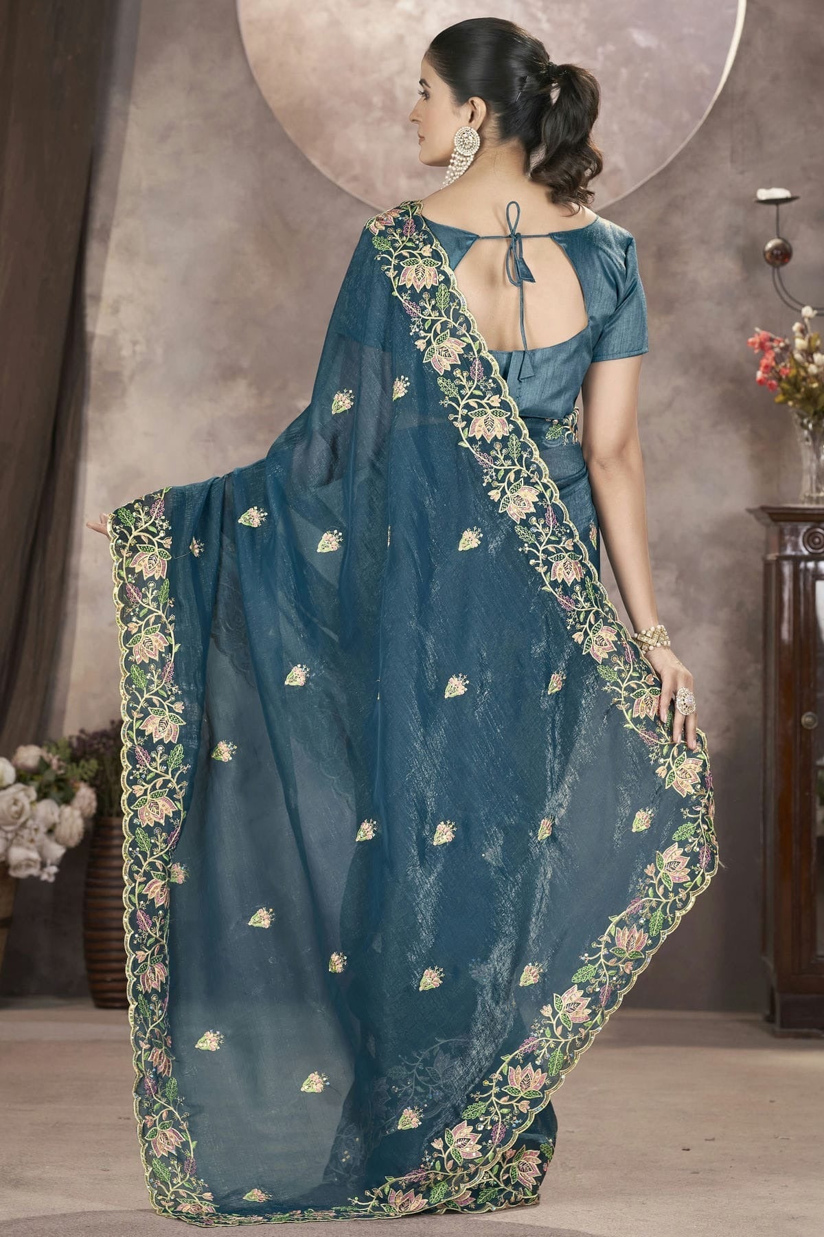 Teal Colour Gold Crunchy Designer Saree SD1112571 A