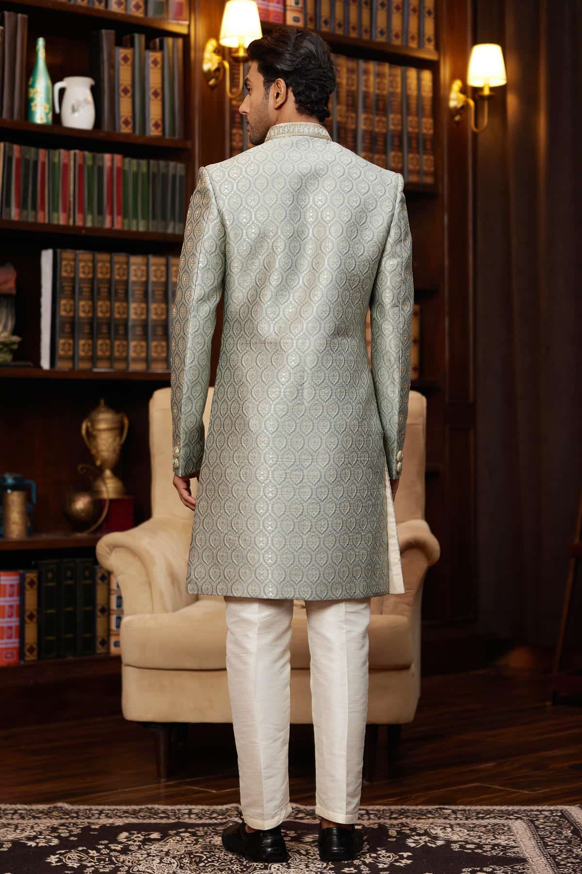 Teal Colour Jacquard Silk Embroidery Work Indo Western