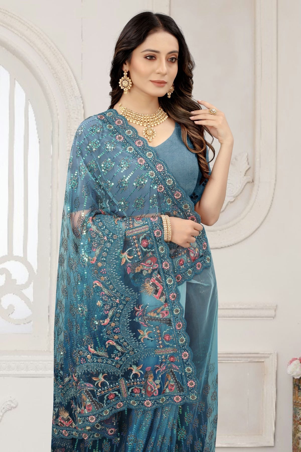 Teal Colour Net Designer Saree LC1121364 A