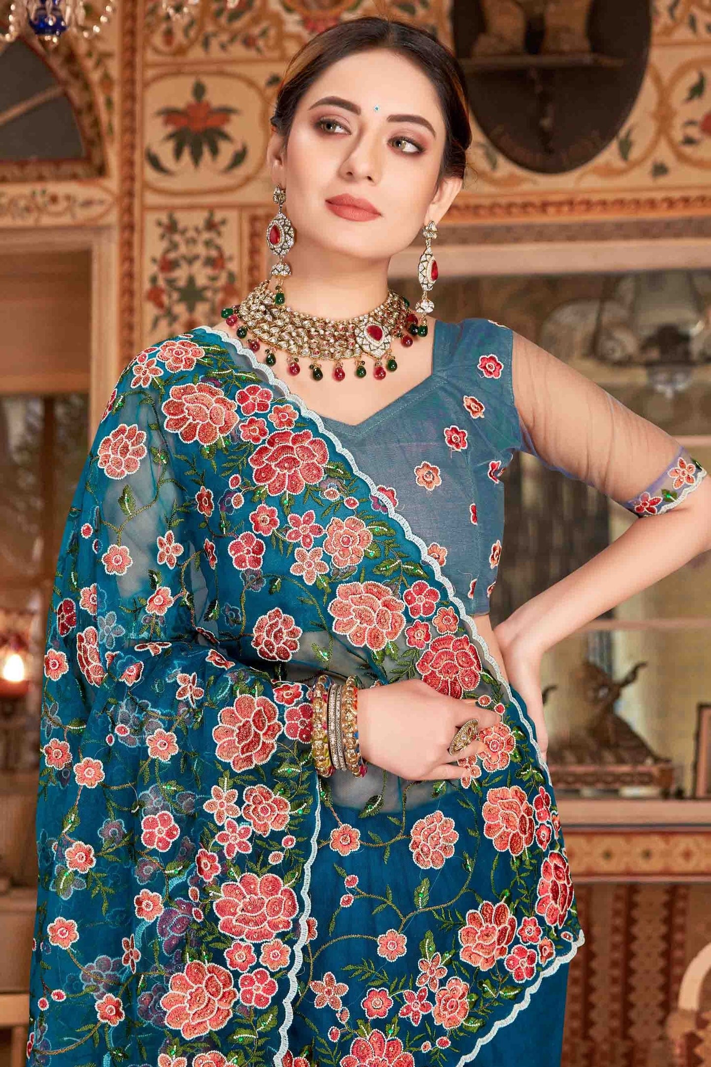 Teal Colour Net Designer Saree SD1090528 A