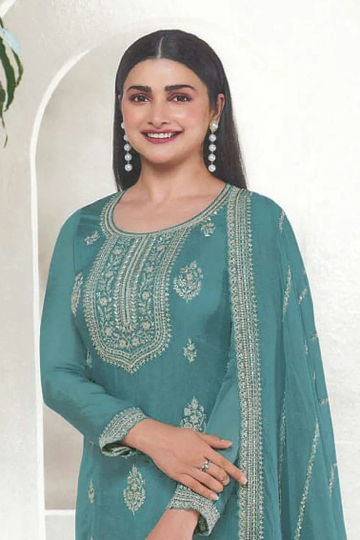 Teal Colour Organza Silk Pant Style Suit SM1140093 A