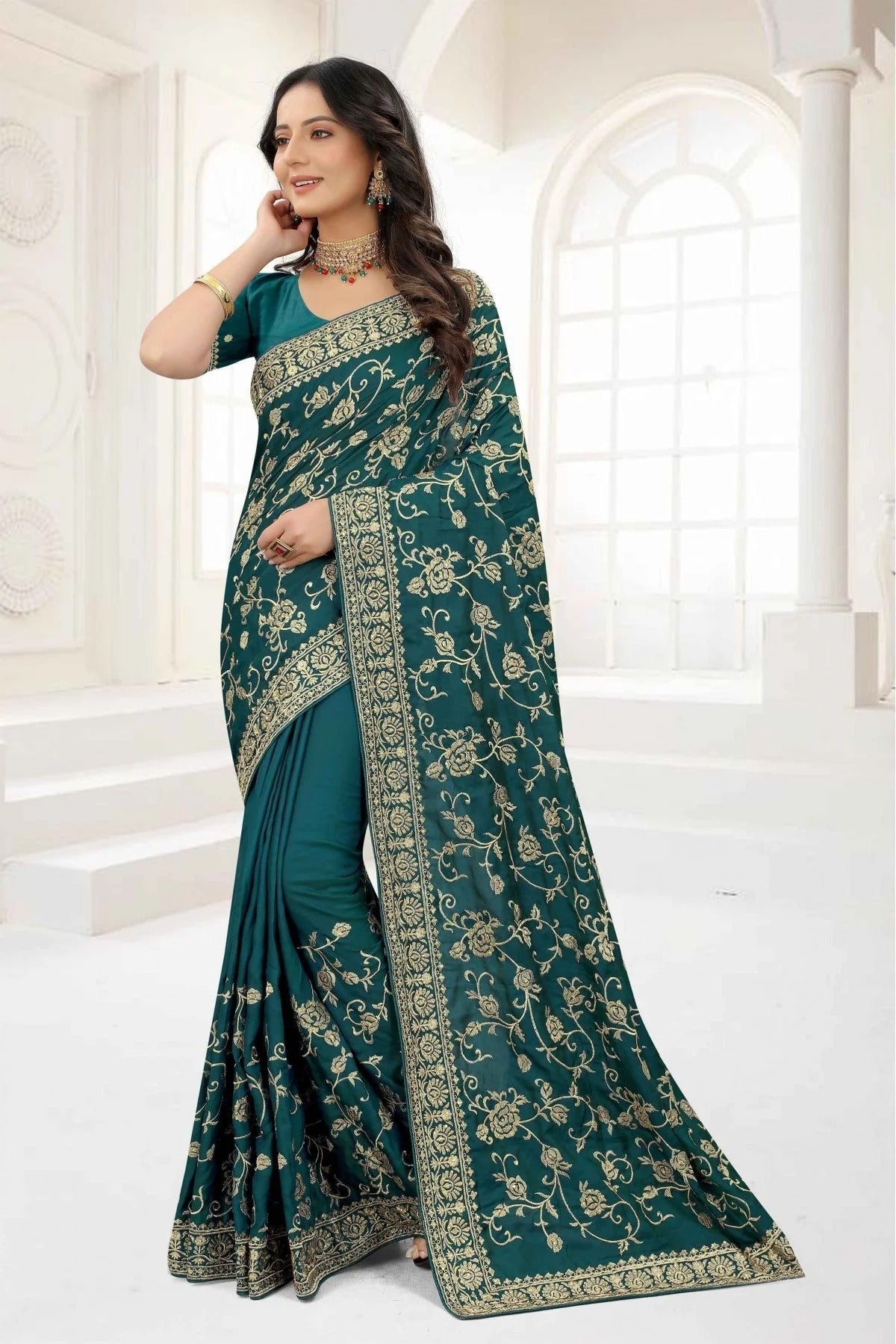 Teal Colour Satin Silk Embroidery Saree SD1090327