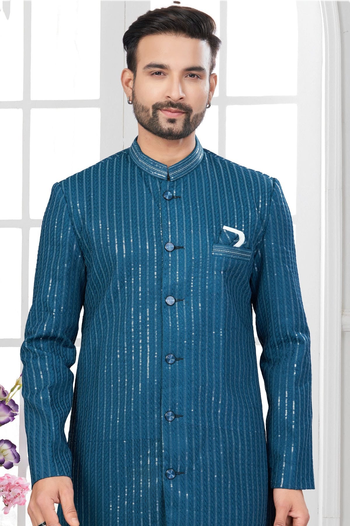 Teal Colour Silk Dupion Dhoti Sherwani SH1040633 A